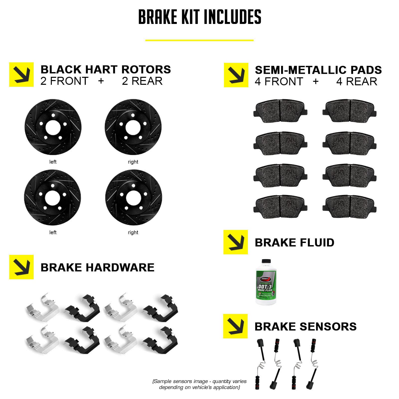 High-Performance Hart Front & Rear Brake Kit with Semi-Metallic Pads & Rotors | Complete Brake Set with Hardware & Sensor (BHCC.20026.53) | Perfect for Sedans, SUVs & Light Trucks