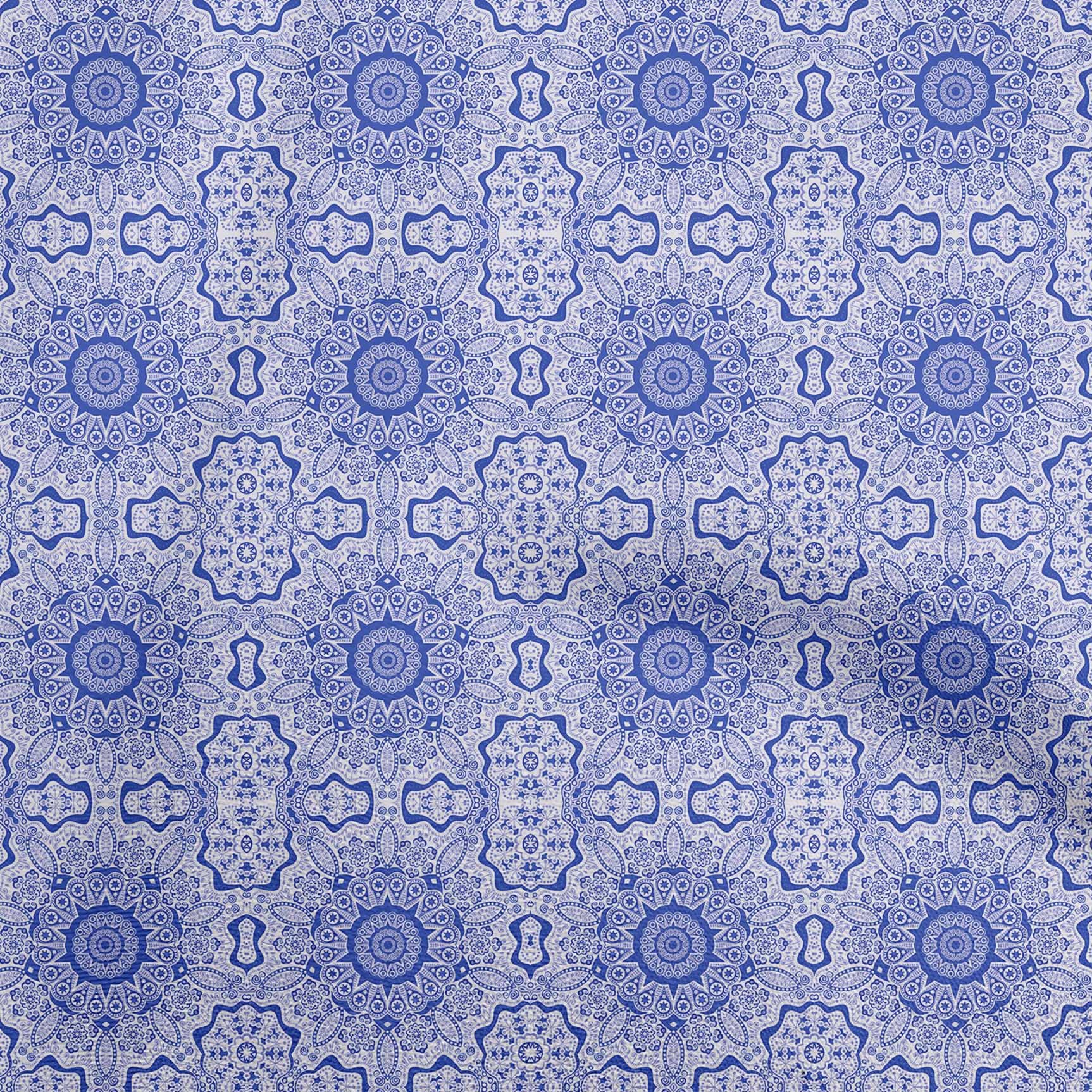 oneOone Velvet Medium Blue Moroccan Mosaic Print Fabric - 58 Inch Wide DIY Sewing Material for Clothing, Home Decor & Crafts | Premium Soft Fabric by The Yard for Dresses, Curtains & Upholstery