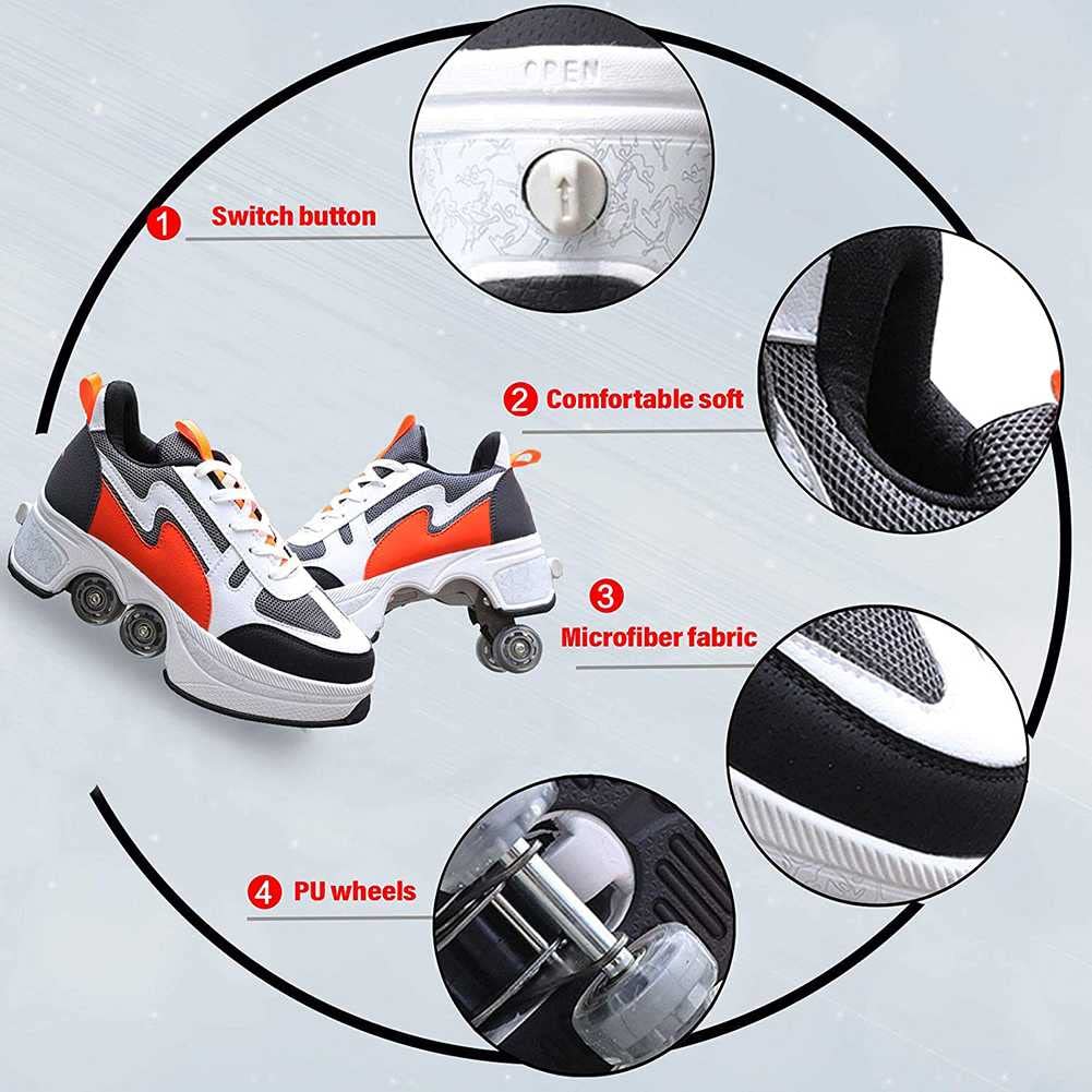 Double-Row Wheel Automatic Walking Shoes - 2-in-1 Removable Pulley Skates for Men & Women | Invisible Deformation Roller Sneakers for Recreation, Fitness & Outdoor Activities