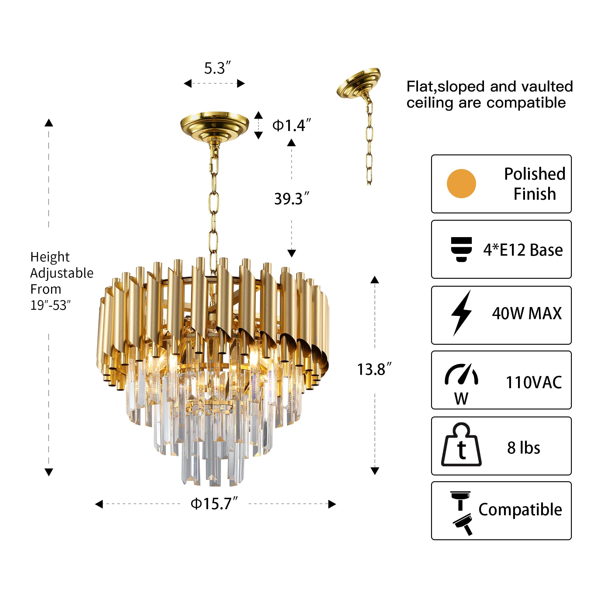 WABON Modern Luxury Crystal Chandelier - 4-Light Gold Round Raindrop Hanging Light Fixture for Dining Room, Living Room, Kitchen Island & Bedroom | Elegant Home Decor & Ambient Lighting Solution