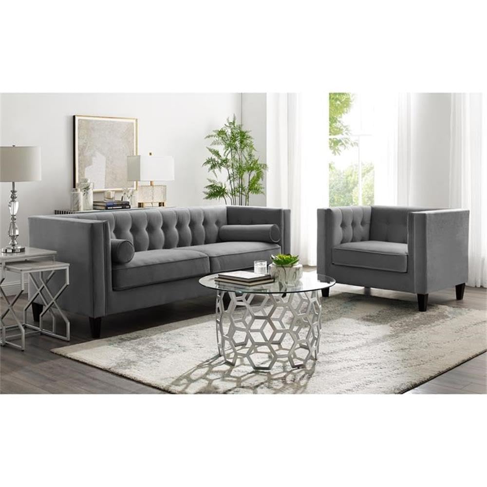 BOWERY HILL Modern Round Glass Top Coffee Table - Silver Finish | Perfect for Living Room, Lounge & Office Decor