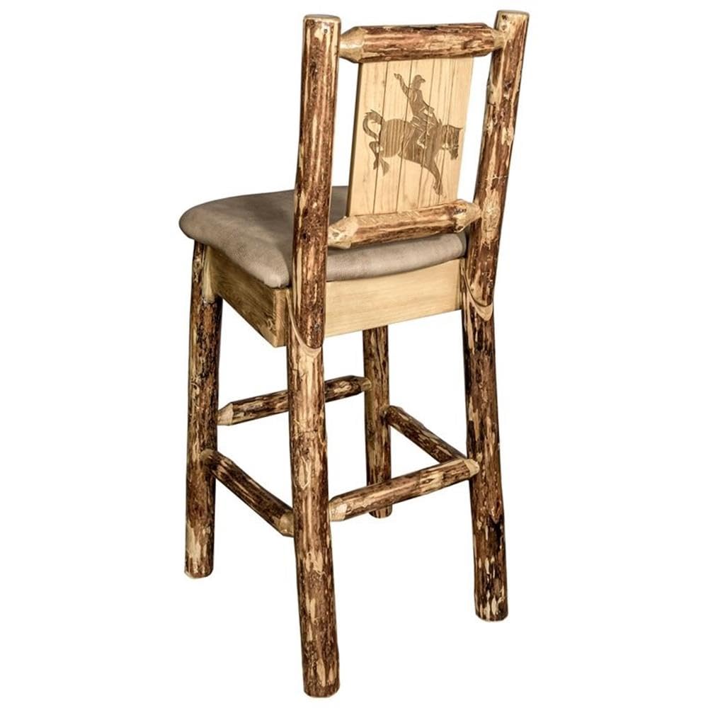 Montana Woodworks Glacier Country Collection Counter Height Barstool with Back - Buckskin Upholstery & Laser Engraved Bronc Design - Perfect for Kitchen Islands, Home Bars, and Rustic Dining Areas