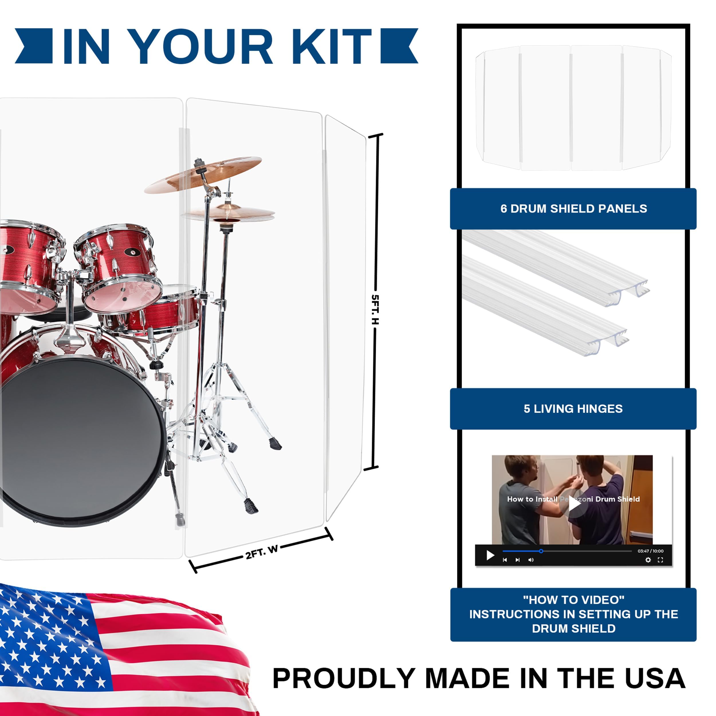 5ft Drum Shield with Plastic Hinges - 6 Premium Clear Acrylic Drum Panels & Screens for Noise Reduction - Perfect for Home Studios, Live Performances & Drum Practice Rooms