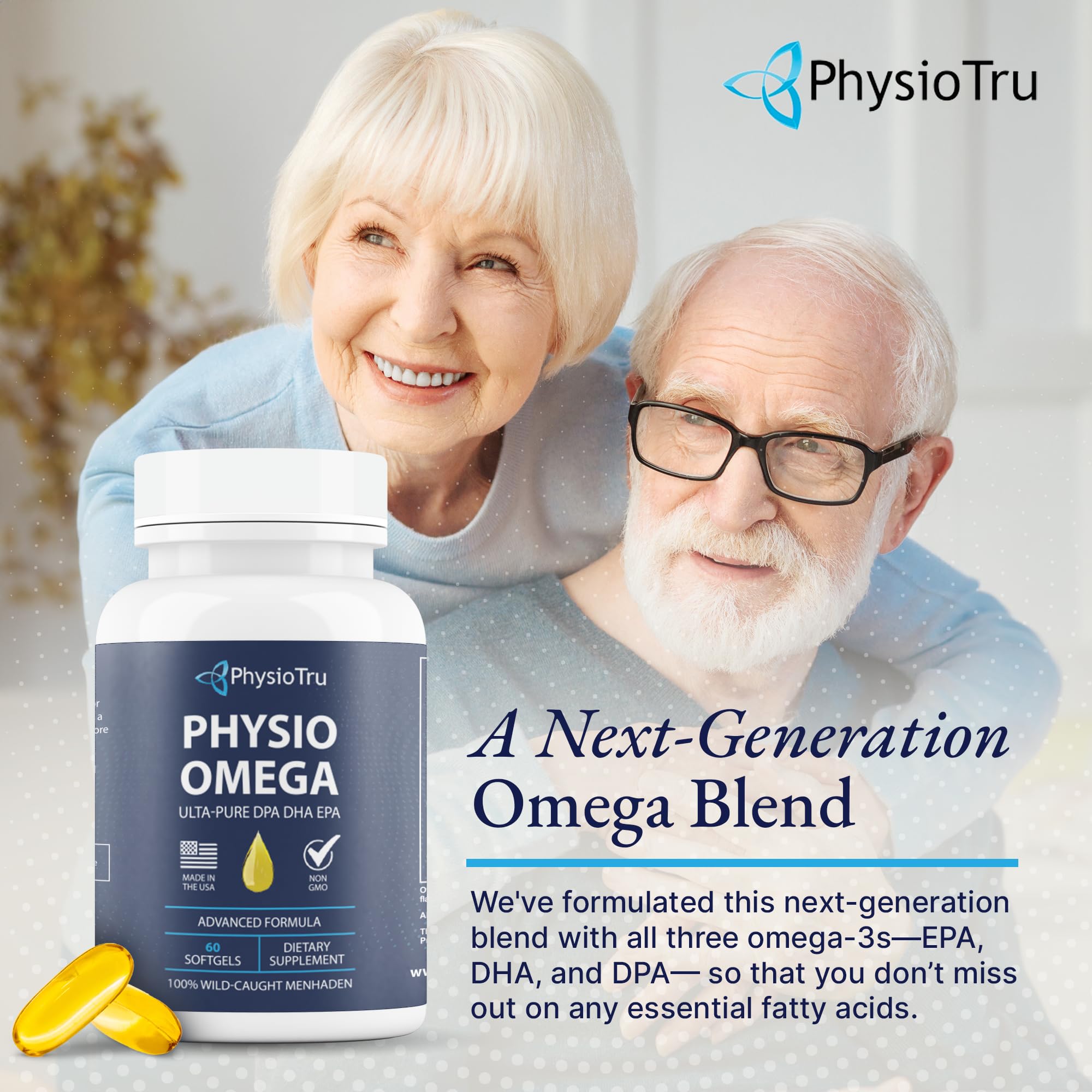 Premium Physio Omega 3 Fish Oil Supplement with DPA, EPA & DHA - Sustainably Sourced, Burpless Formula - 4 Pack - Supports Heart, Brain & Joint Health for Active Adults & Seniors