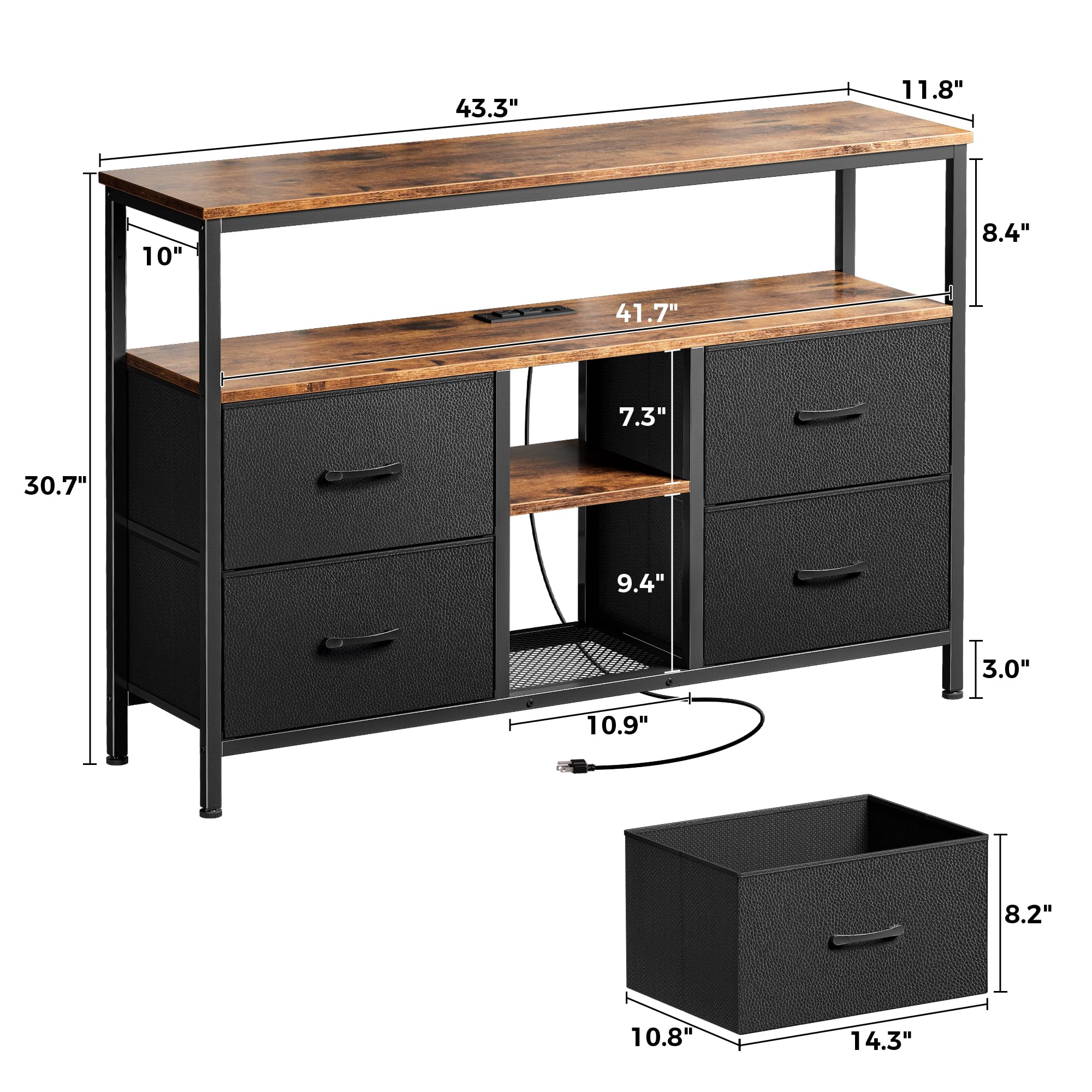 Huuger TV Stand with Power Outlets & LED Lights - 4 Drawer Media Console with Open Shelf for 50-43 Inch TVs - Rustic Brown & Black PU Finish Dresser - Perfect for Living Room, Bedroom & Home Theater Setup