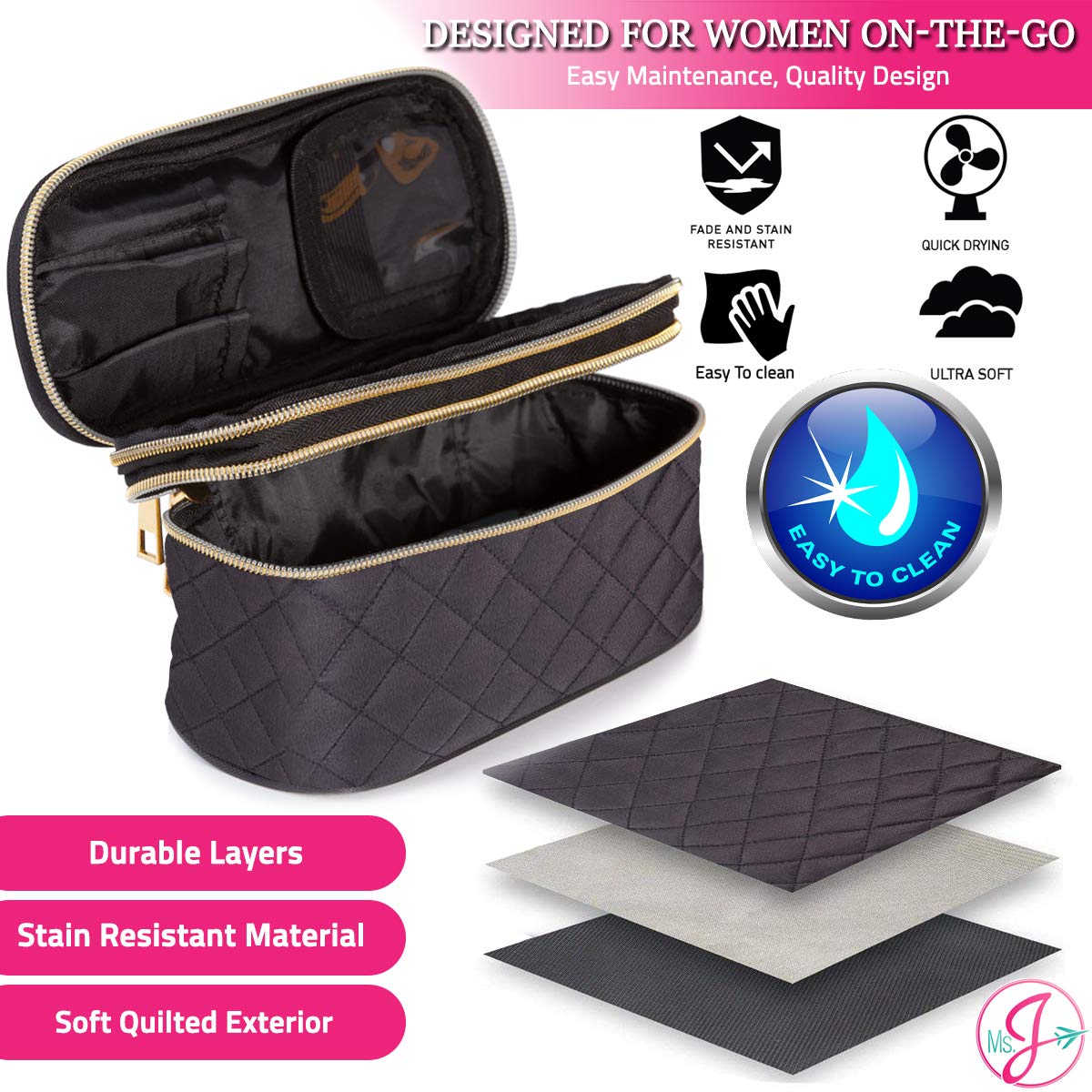 Ms. J Travel Makeup Bag with Mirror & Brushes - Black Quilted Cosmetic Organizer for Women | Perfect for Vacation, Gym & Daily Essentials Storage
