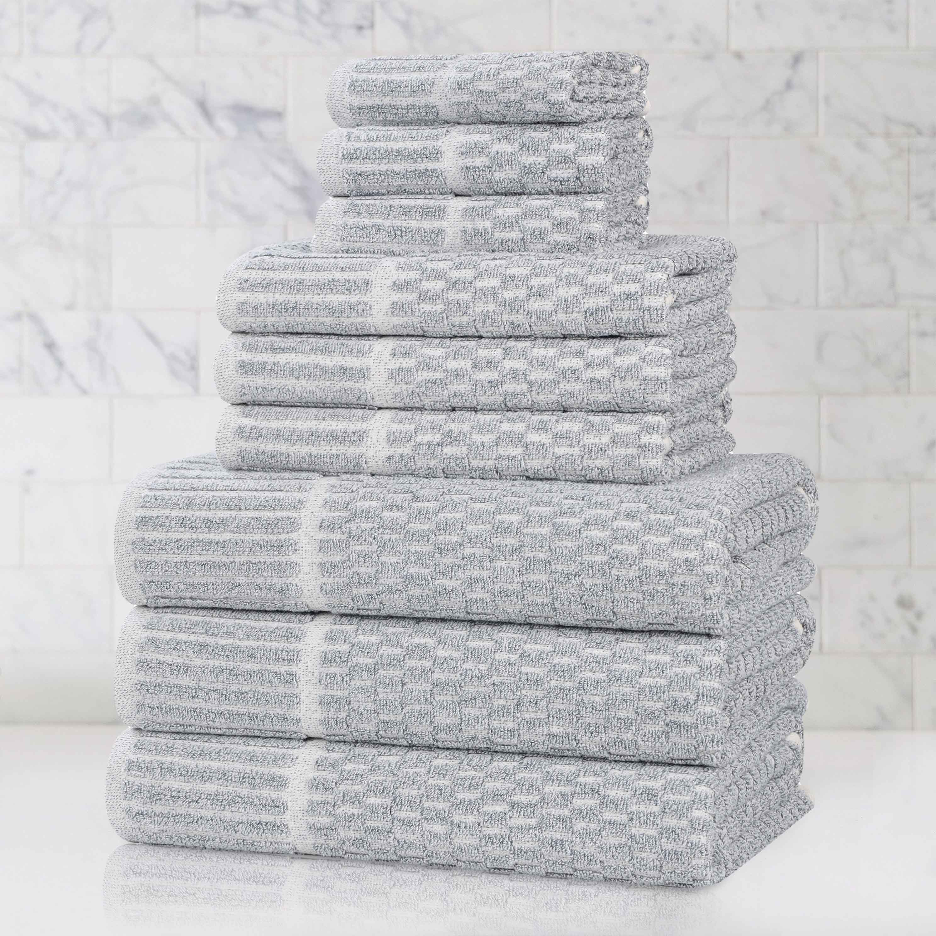 Premium 9-Piece Cotton Blend Checkered Border Towel Set - Medium Weight, Soft & Absorbent for Bathroom, Spa, and Guest Use