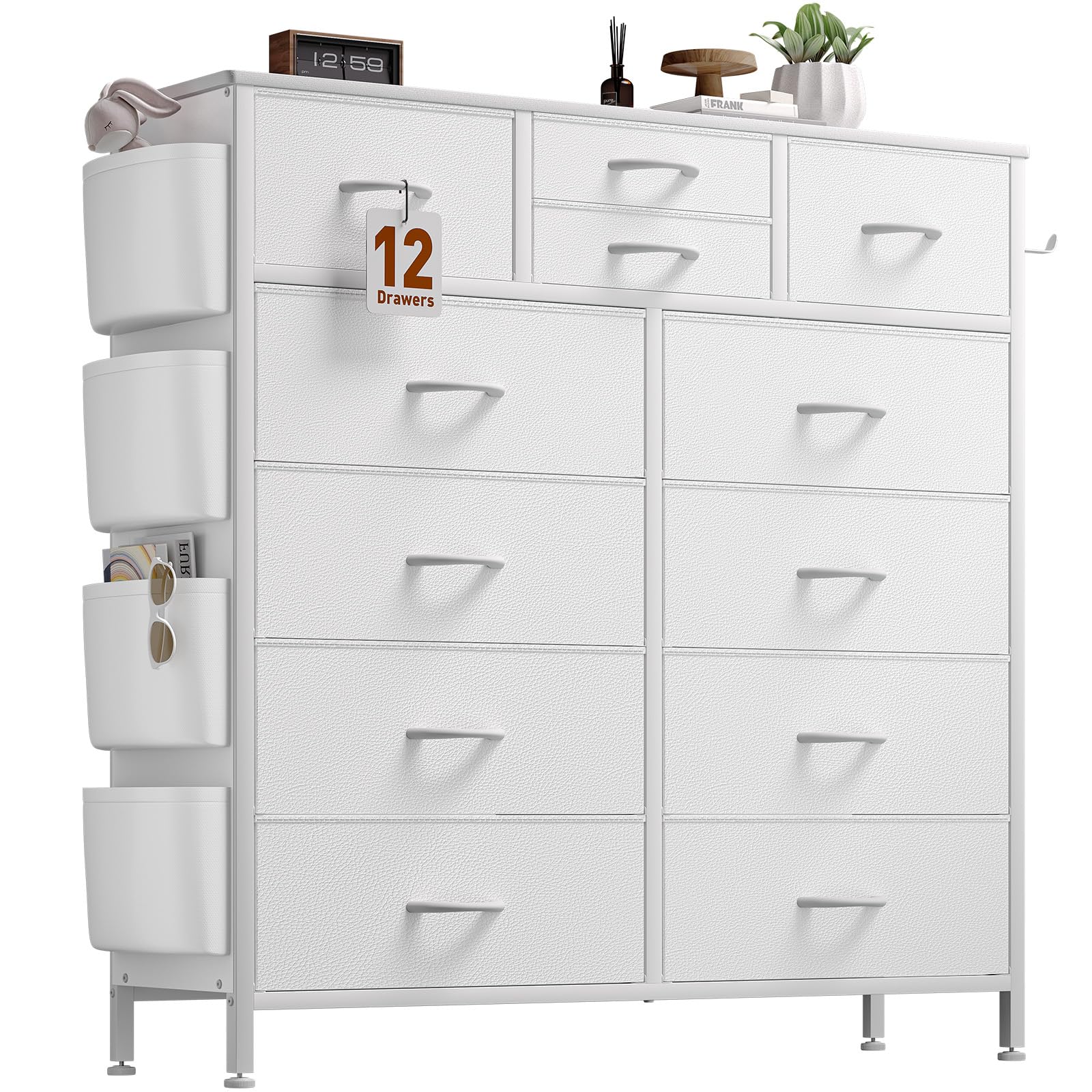 12-Drawer PU Fabric Dresser for Bedroom - Storage Chest with Side Pockets & Hooks, White Organizer for Clothes, Toys, Accessories | Perfect for Living Room, Hallway, Entryway & Dorm Organization