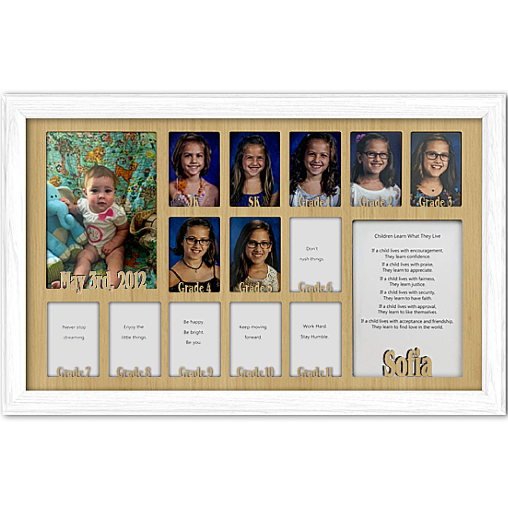 Personalized Northland School-Years Picture Frame - Holds Twelve 2.5x3.5 & One 5x7 Photos - Custom Name Engraved - White Frame with Oak Mat - Perfect for JK/SK to Graduation Memories - Ideal for Nursery, Preschool, Elementary & High School Milestones