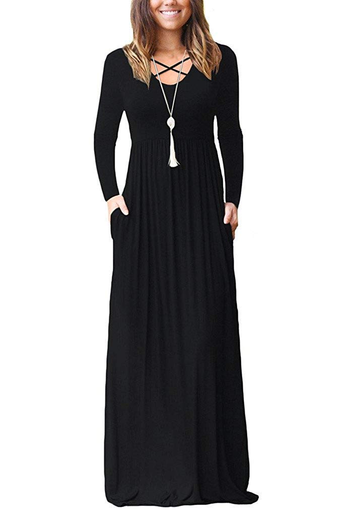 LILBETTER Women's Long Sleeve Maxi Dress - Loose Fit Casual Plain Long Dress with Pockets | Perfect for Everyday Wear, Office, Travel & Date Nights