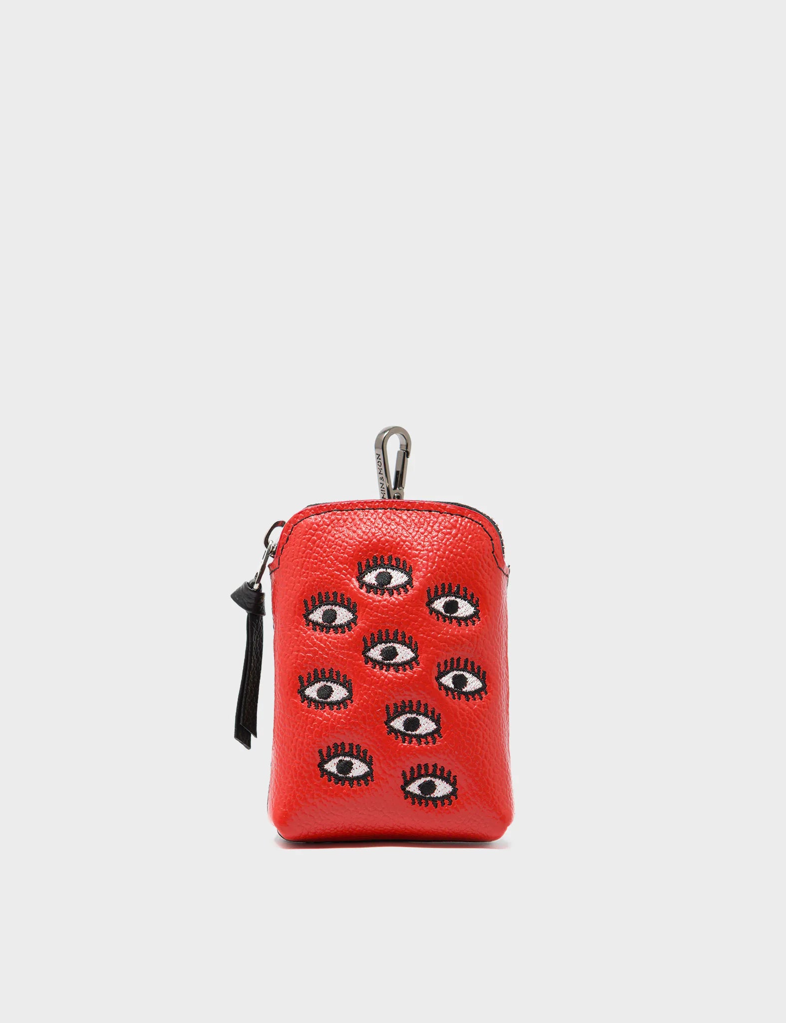 Florence Pouch Charm - Poppy Red Leather Keychain with All Over Eyes Embroidery | Stylish Accessory for Handbags, Wallets & Keys | Perfect Gift for Women & Fashion Lovers
