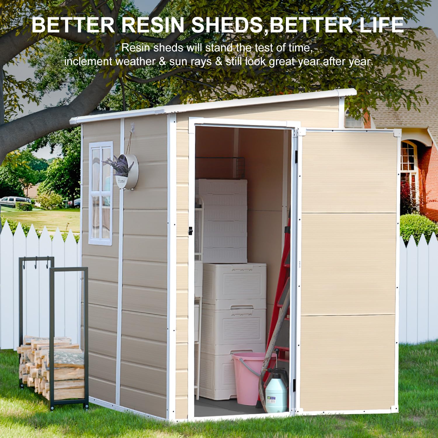 5x4 FT Outdoor Storage Shed - Durable Resin Garden Shed with Floor, Window & Lockable Door - Wood-Like Plastic Tool House for Backyard, Patio, Lawn & Garage - Perfect for Storing Bikes, Lawn Equipment & Seasonal Items