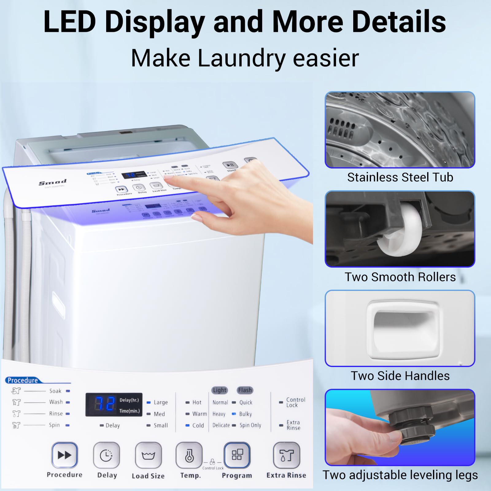 1.7 Cu. Ft. Portable Washing Machine - 12LBS Capacity Top Load Washer with 6 Wash Programs, LED Display & Wheels - Compact Laundry Solution for Apartments, Dorms, RVs - White (Ideal for Small Spaces & On-the-Go Washing)