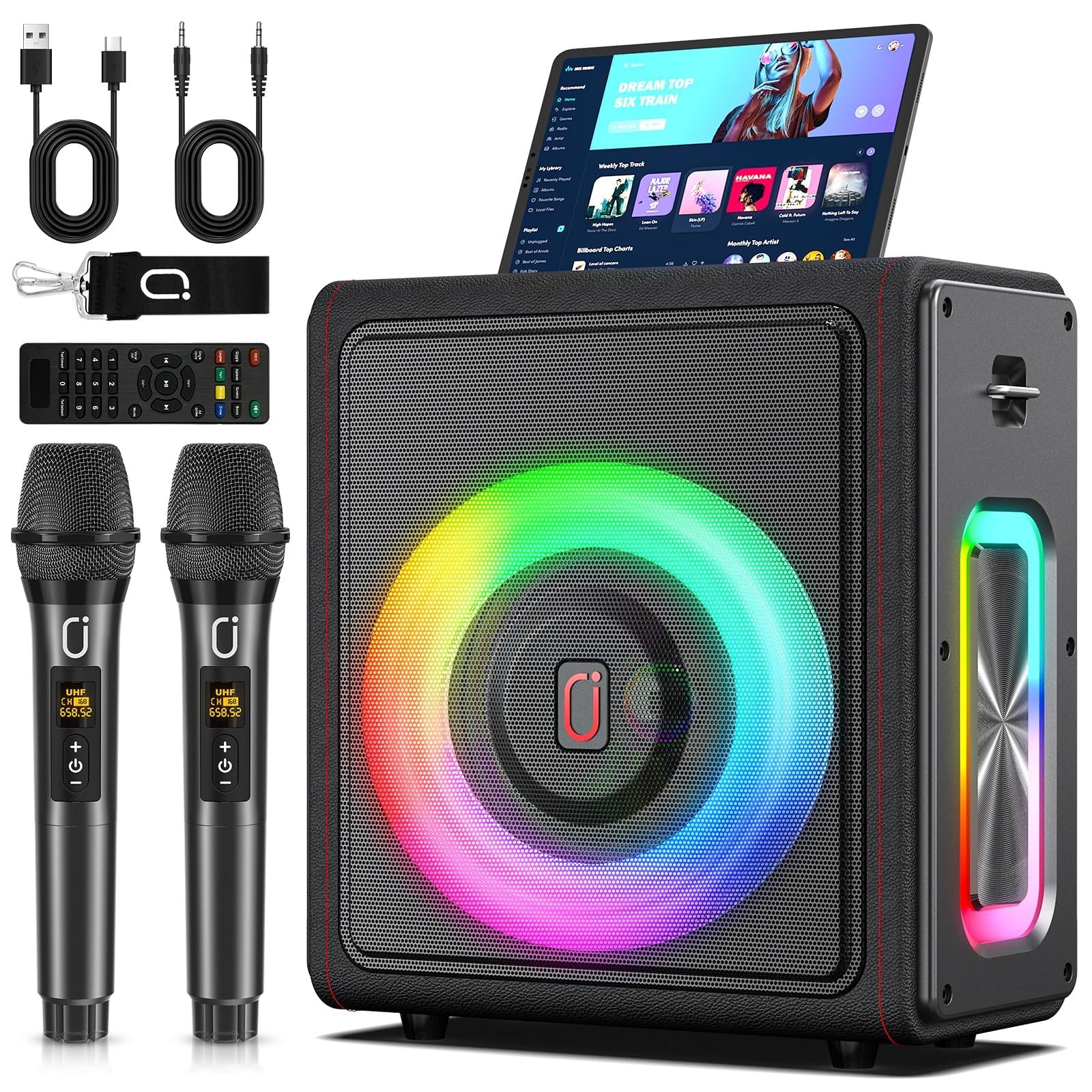 Portable Karaoke Machine with Bluetooth 5.3, 2 Wireless Microphones - PA System with Pitch Correction & Echo Effect for Home Parties | TWS/TF Card/USB/AUX/Live/REC Support | Perfect for Birthday Celebrations, Family Gatherings & Indoor Entertainment