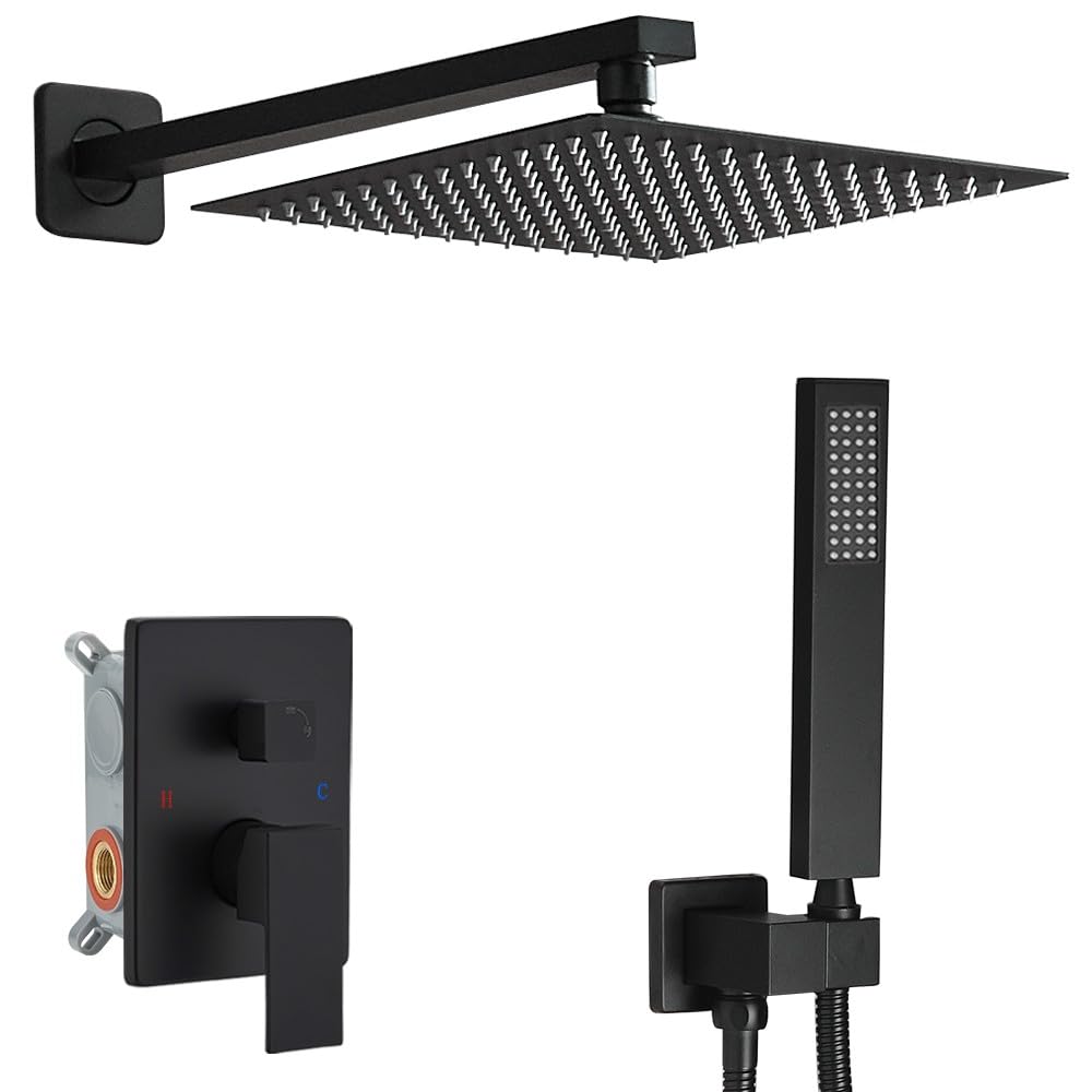Premium Matte Black Shower System - 12 Inch Luxury Rain Shower Head with Handheld Combo, Wall Mounted High Pressure Rainfall Shower Faucet Set with Valve & Trim for Modern Bathroom Remodeling & Spa-Like Experience