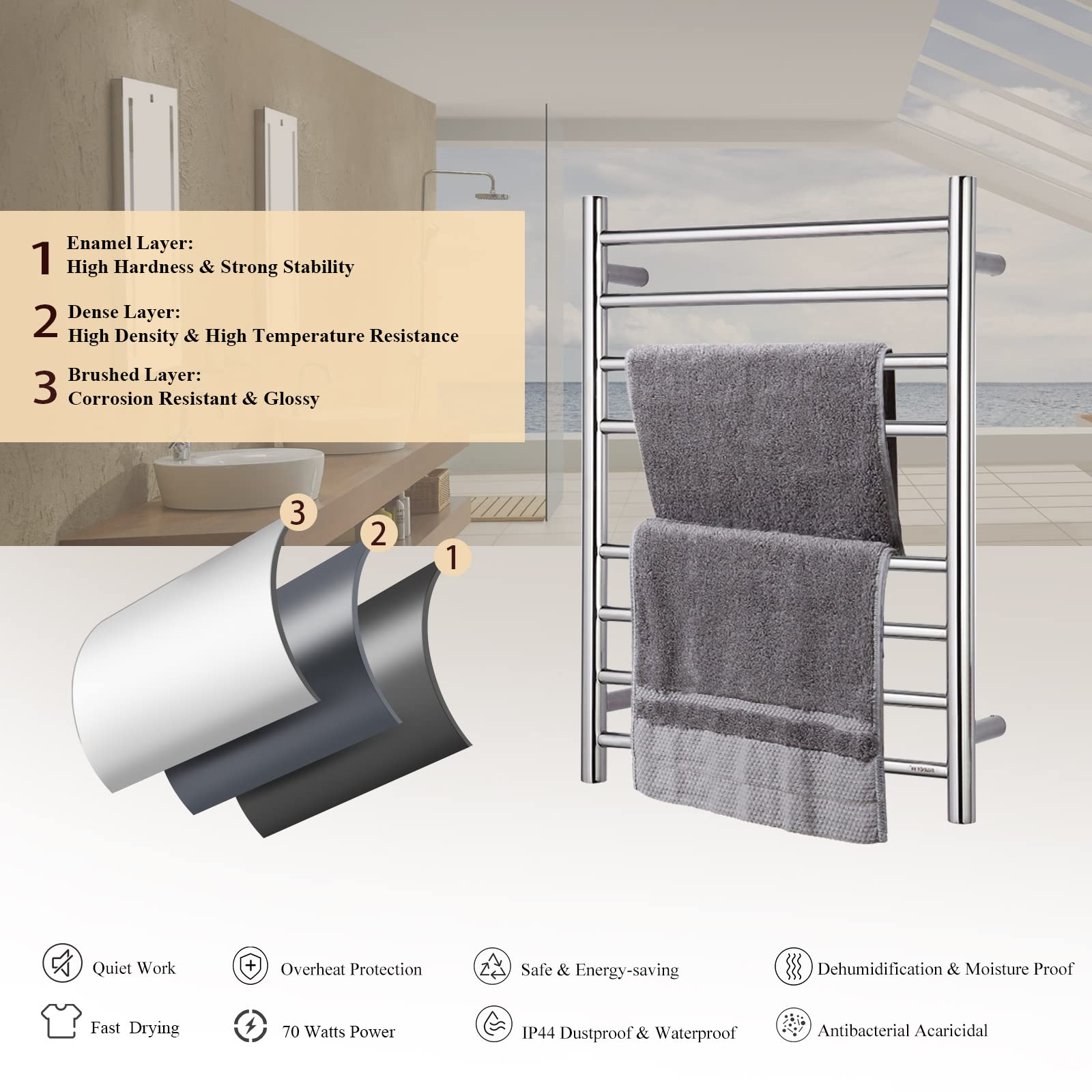 Polished Chrome Electric Heated Towel Warmer - 8 Bar Stainless Steel Wall Mounted Bathroom Towel Rack (70W, 27.56x19.69x4.41 inches) - Perfect for Spa-Like Bathroom Luxury & Quick Drying of Wet Towels