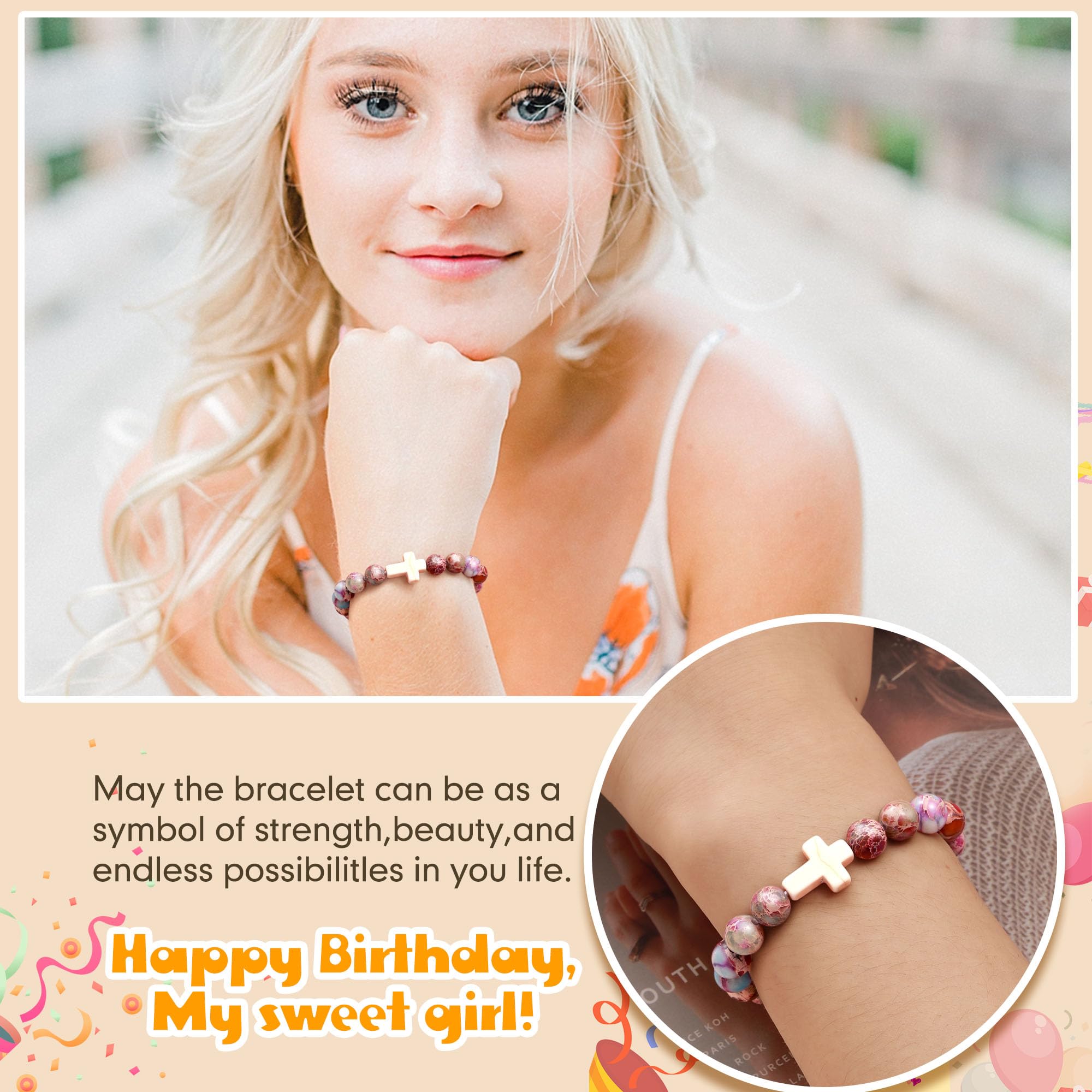 JSJOY Natural Stone Beaded Bracelet - Christian Cross Jewelry Gift for Women & Girls (Age 6-80) | Birthday, Easter, Mother's Day Present for Daughter, Granddaughter, Niece, Mom, Sister | Faith-Based Accessory for Daily Wear & Special Occasions