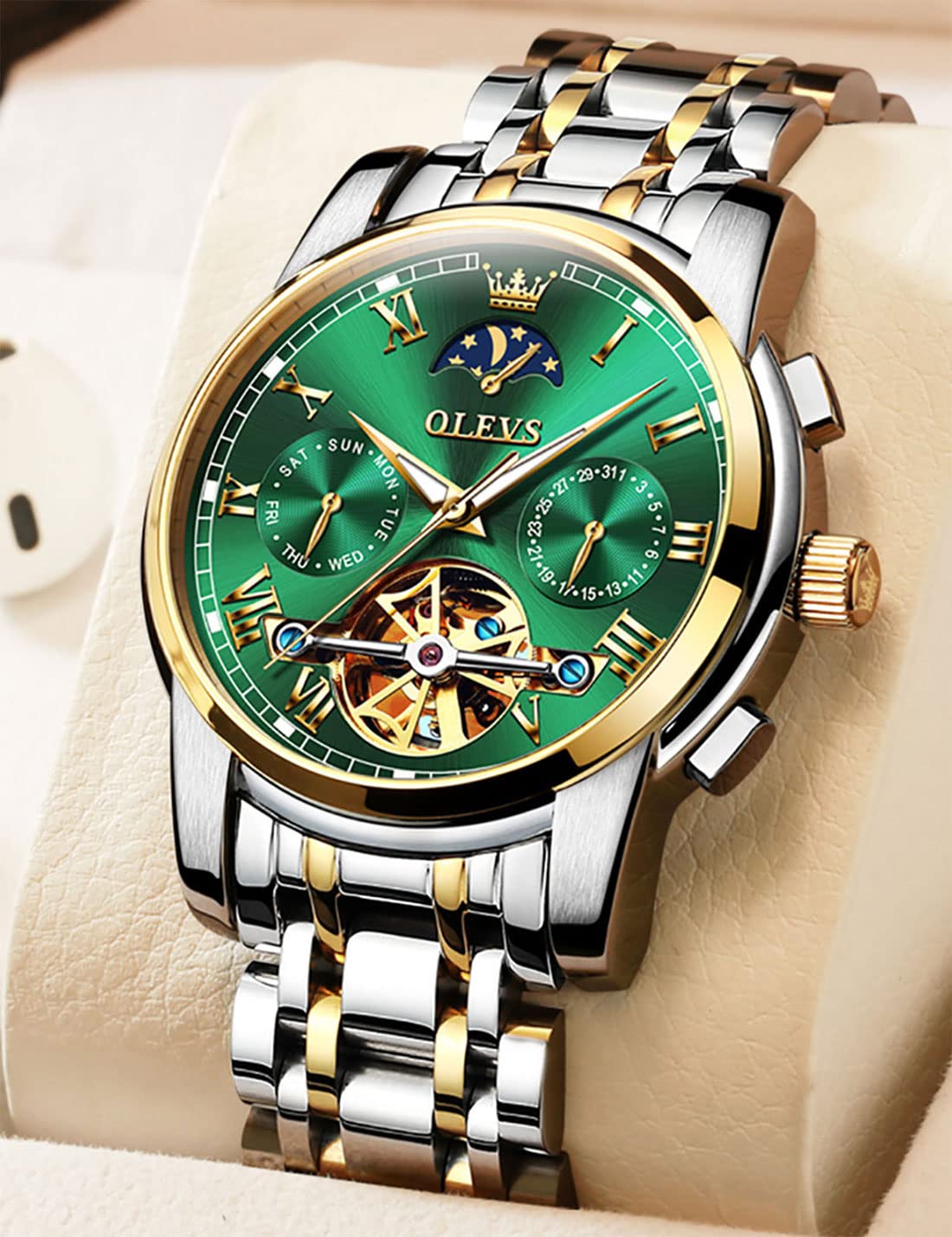 OLEVS Automatic Self-Winding Men's Watch with Date & Day Calendar, Stainless Steel Skeleton Tourbillon Watch - No Battery, Waterproof for Everyday Wear & Business Occasions