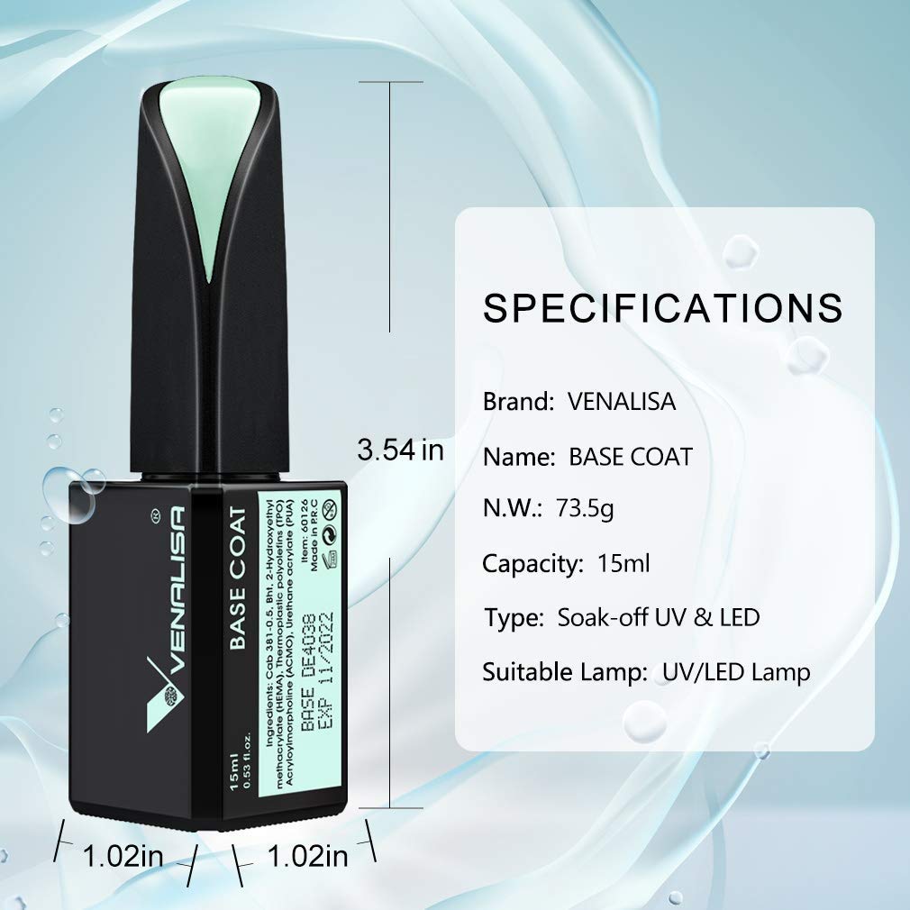 VENALISA 15ml Base & Top Coat Nail Polish Gel Set - UV LED Soak Off, Matte & Shine Finish, Long Lasting Manicure for Home & Salon Use (Ven-15ml-Base+Top) - Perfect for DIY Nail Art, Gel Extensions, and Professional Nail Services