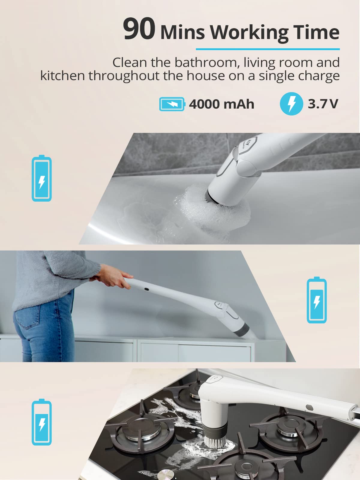 Tilswall Cordless Electric Spin Scrubber - Rechargeable Shower Power Cleaner with 4 Replaceable Brush Heads, Long Handle Bathroom Cleaning Tool for Tile, Grout, Bathtub & Floor - Perfect for Deep Cleaning Showers, Tubs and Hard-to-Reach Areas