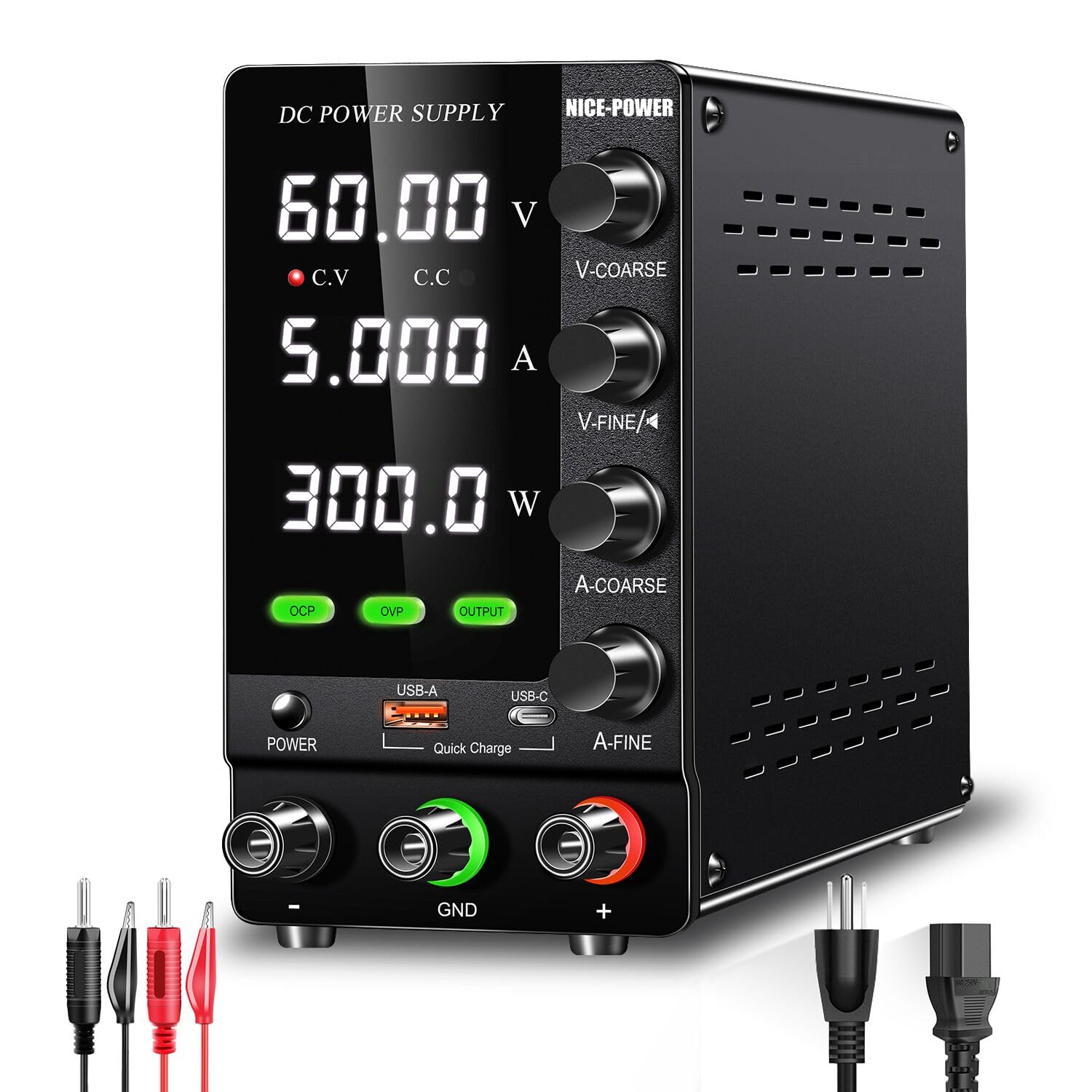 Adjustable 60V 5A DC Bench Power Supply with Digital Display - Variable Regulated Lab Power Source with Encoder, OVP/OCP Protection & USB Quick Charge for Electronics Testing, DIY Projects, and School Labs
