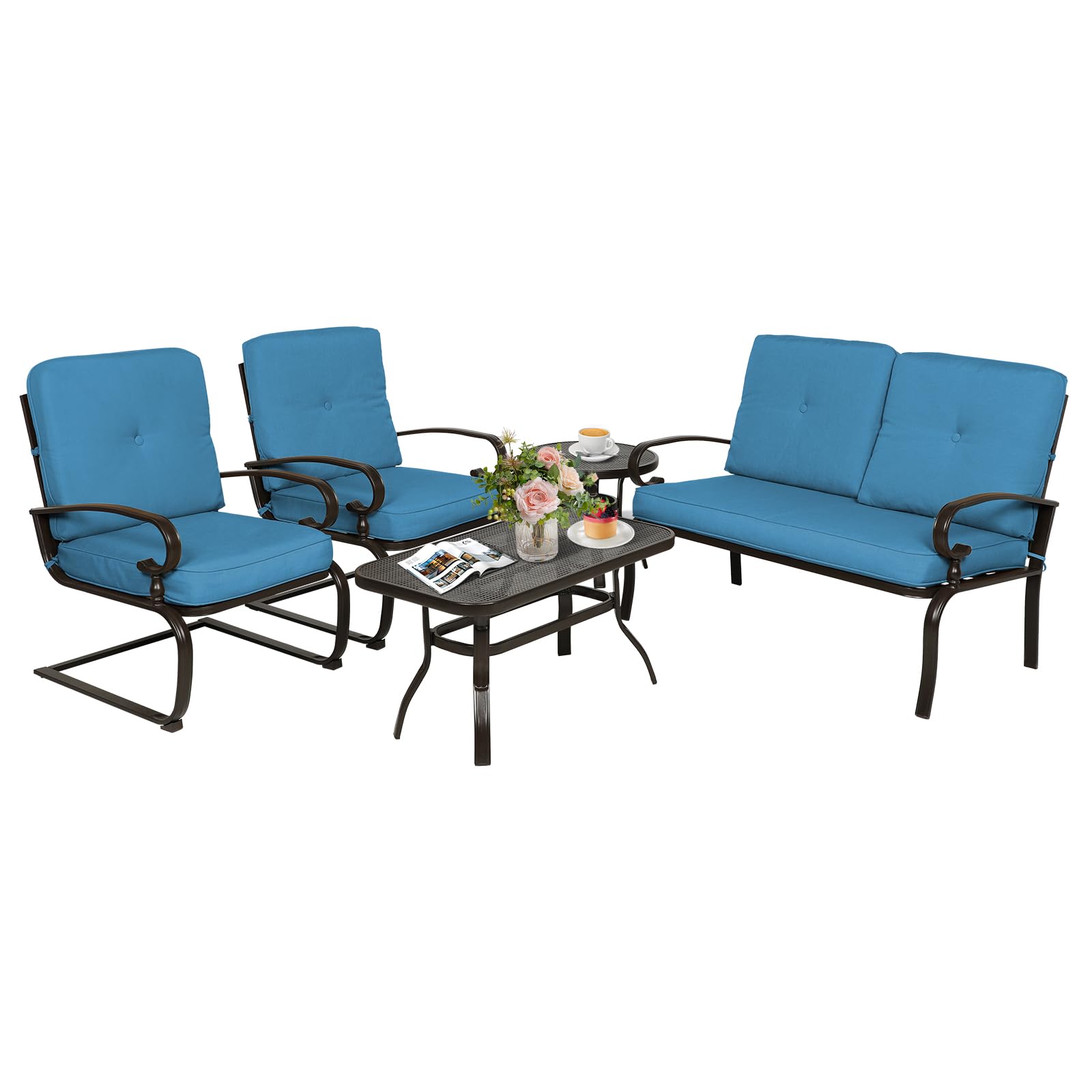 Oakcloud 5-Piece Wrought Iron Outdoor Patio Furniture Set with Cushions - Loveseat, Coffee Table, Bistro Table & 2 Spring Chairs in Blue - Perfect for Garden, Backyard, Poolside & Outdoor Conversations