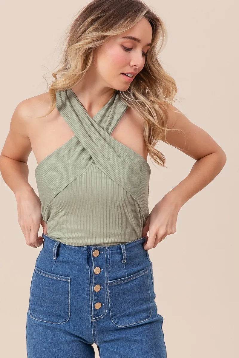 BiBi Rib Knit Cross Neck Banded Top - Women's Stretchy Casual T-Shirt for Everyday Wear | Perfect for Layering, Office & Weekend Outfits