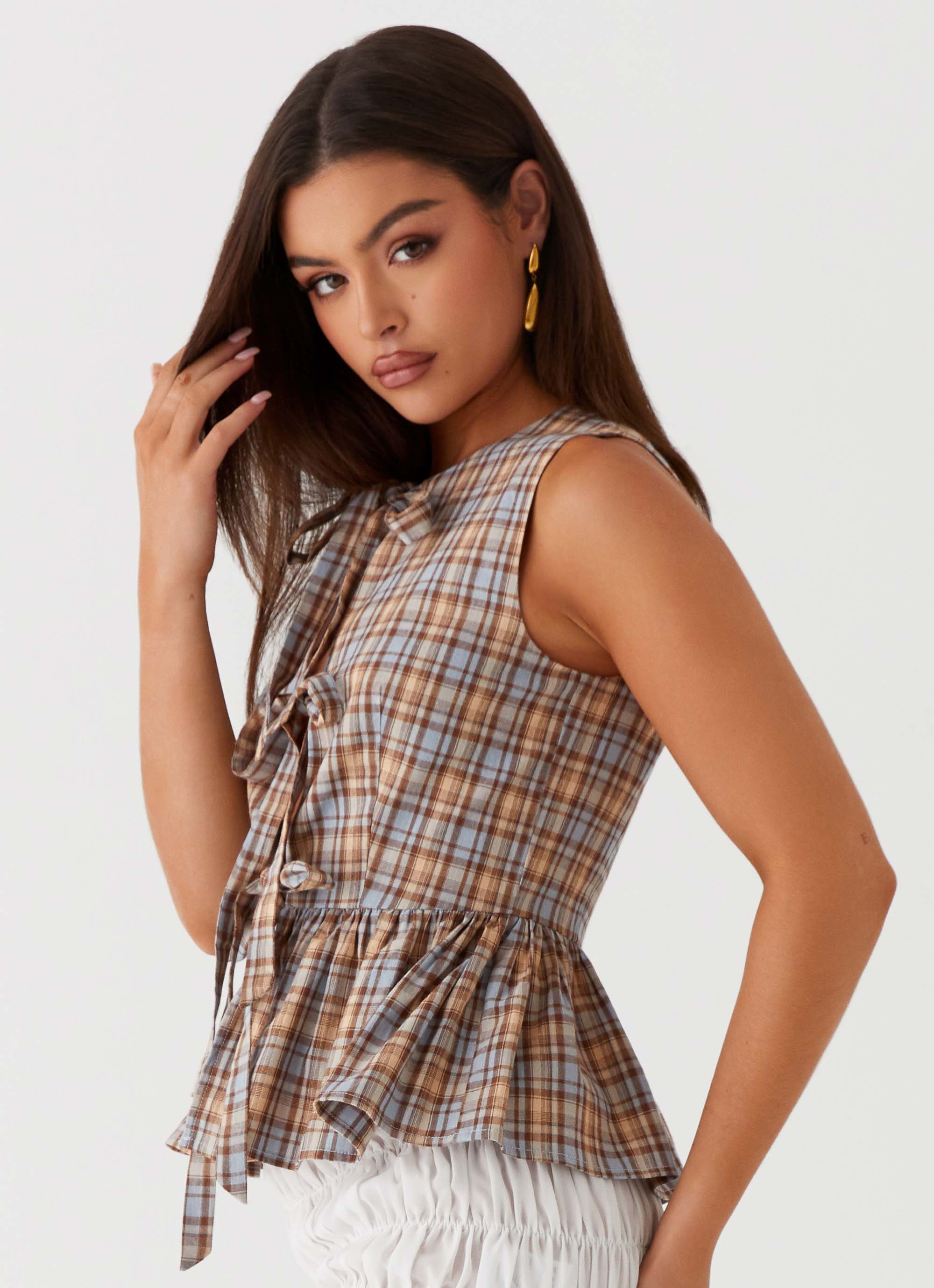 Cyrene Tie Top Women's Blouse - Brown Checkered Print Casual Shirt for Spring & Summer | Perfect for Office, Date Night & Weekend Outfits