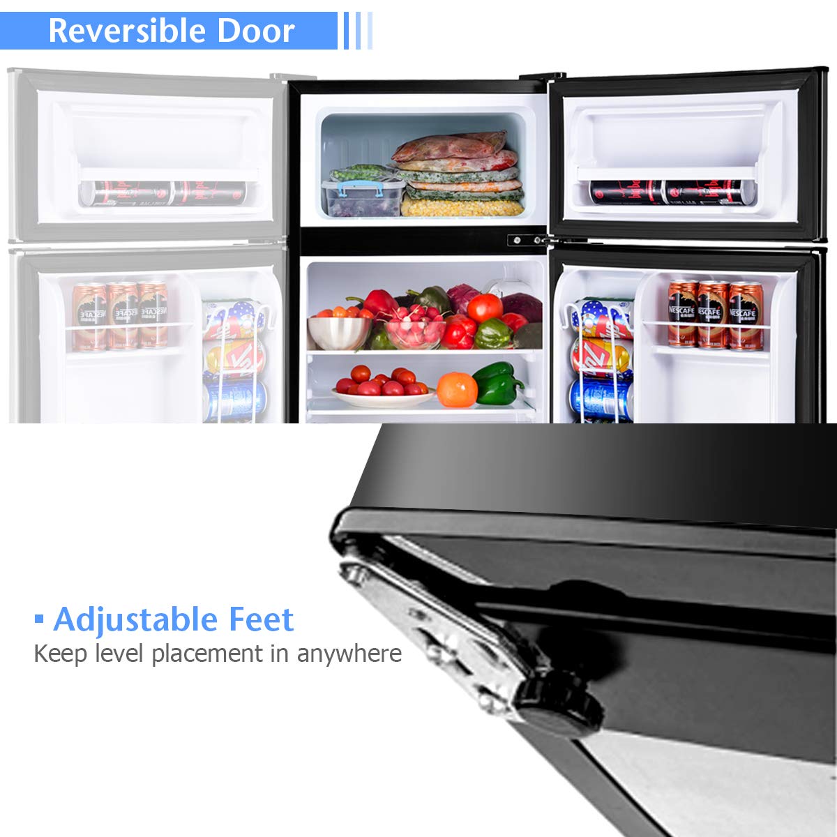 COSTWAY 3.2 cu ft Compact Refrigerator with Freezer | 2-Door Mini Fridge with Reversible Door, Removable Glass Shelves & Mechanical Control | Perfect for Dorm, Office, Apartment, RV & Small Spaces (Black)