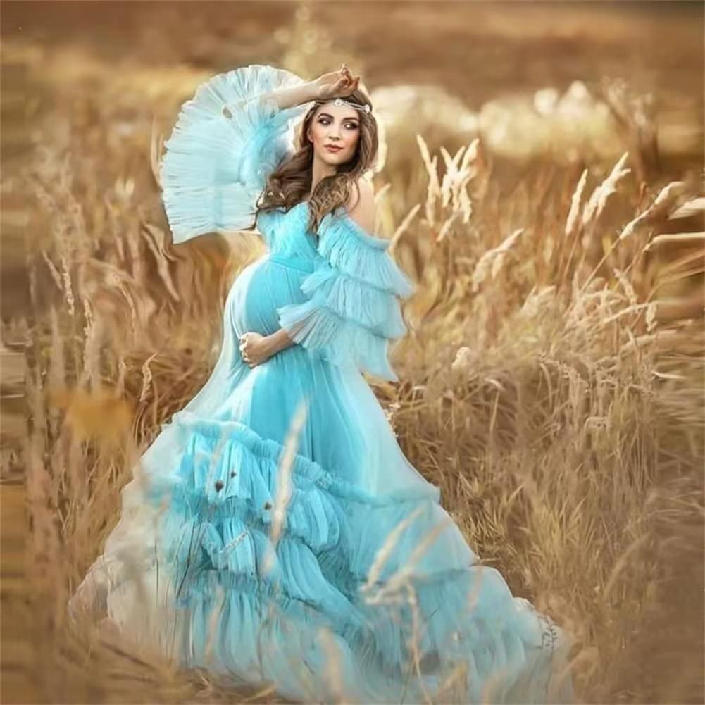 Elegant Ruffles Puffy Tulle Maternity Dress for Photoshoot | Off Shoulder Bridal Lingerie & Baby Shower Pregnancy Robe | Perfect for Maternity Photos, Bridal Showers & Special Occasions