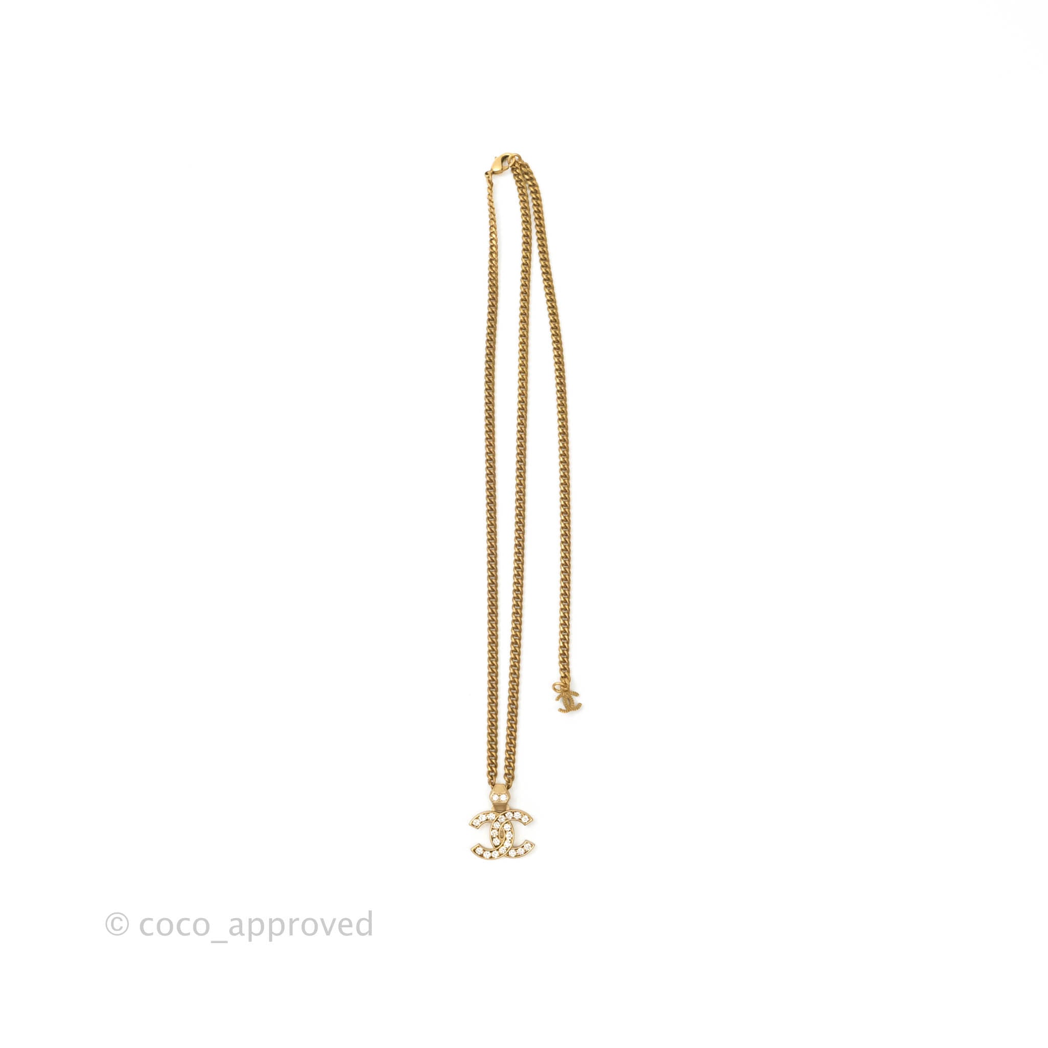 Chanel CC Crystal Pendant Chain Necklace in Matte Gold Tone - Elegant 21C Collection for Women | Perfect for Evening Parties, Weddings & Special Occasions