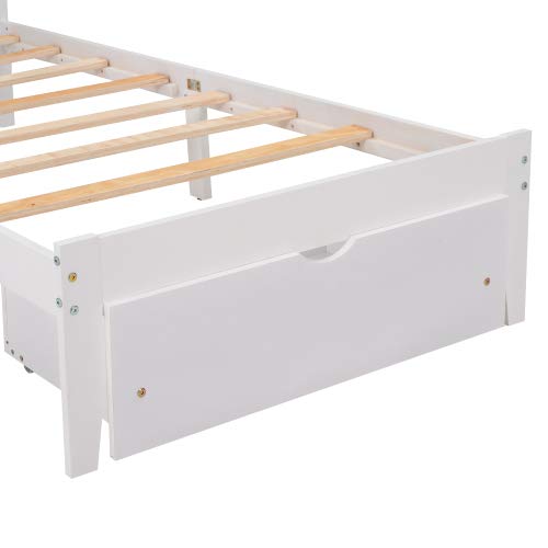 White Wooden Twin Bed Frame with Headboard, Footboard & Storage Drawers - Sturdy Platform Bed Mattress Foundation for Kids, Teens & Guest Rooms