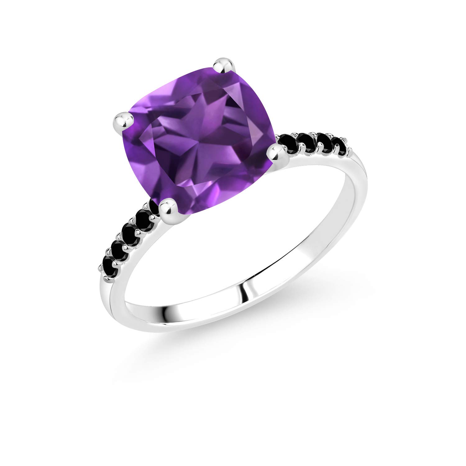 10K White Gold Engagement Ring with 3.20 Ct Cushion Cut Purple Amethyst & Black Diamonds | Gem Stone King | Perfect for Proposals, Weddings & Anniversary Gifts