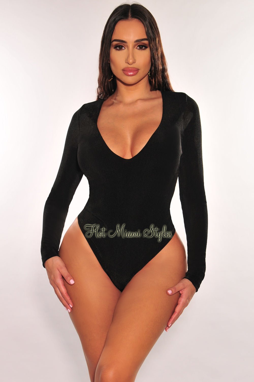 Black Shimmery V-Neck Long Sleeve Bodysuit for Women - Sexy Stretchy Bodycon Outfit for Party, Club & Date Night