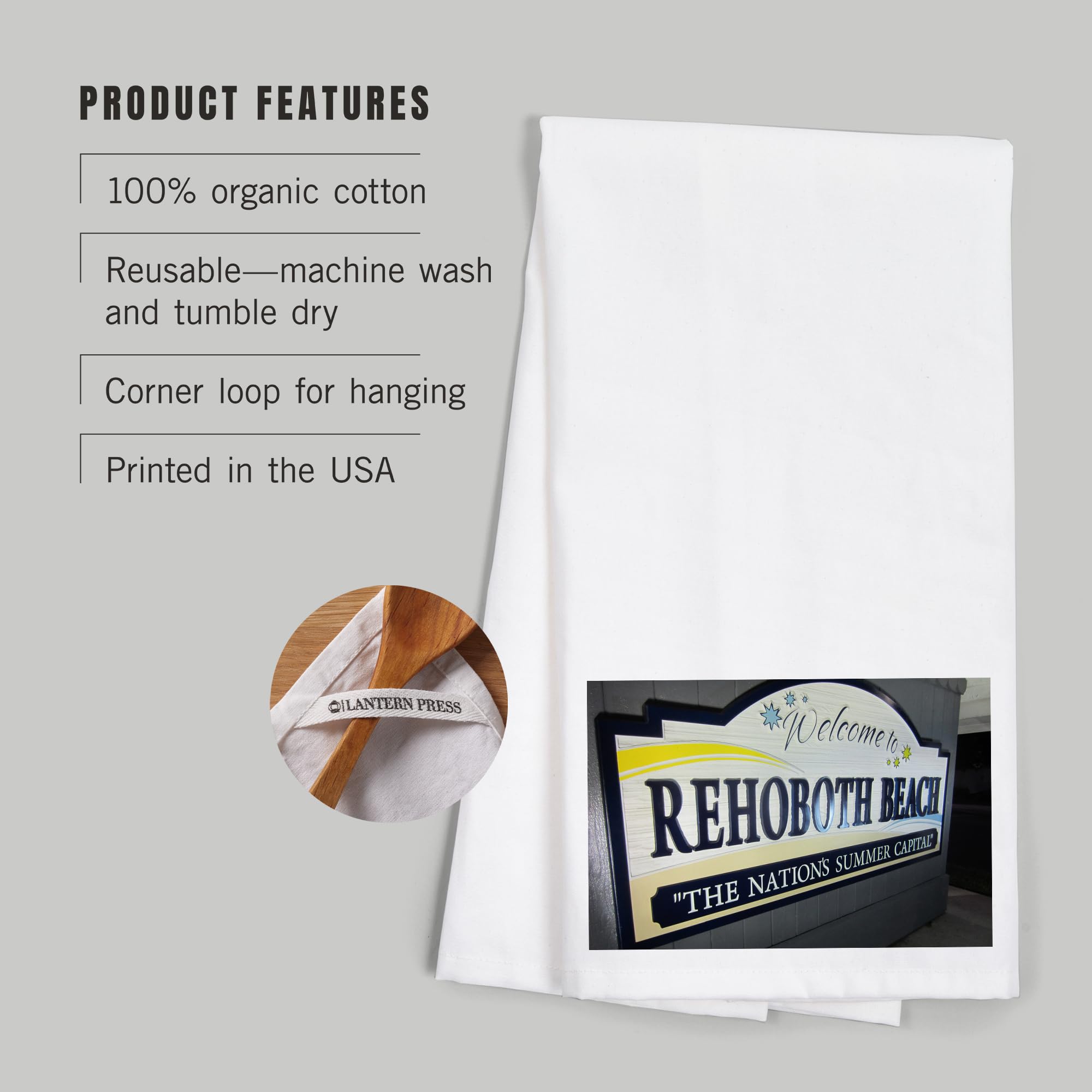 Lantern Press Rehoboth Beach Delaware Welcome Sign - 100% Cotton Tea Towel, Decorative Hand Towel for Kitchen & Home Decor | Perfect for Coastal Themed Kitchens, Beach House Decor & Gift Giving