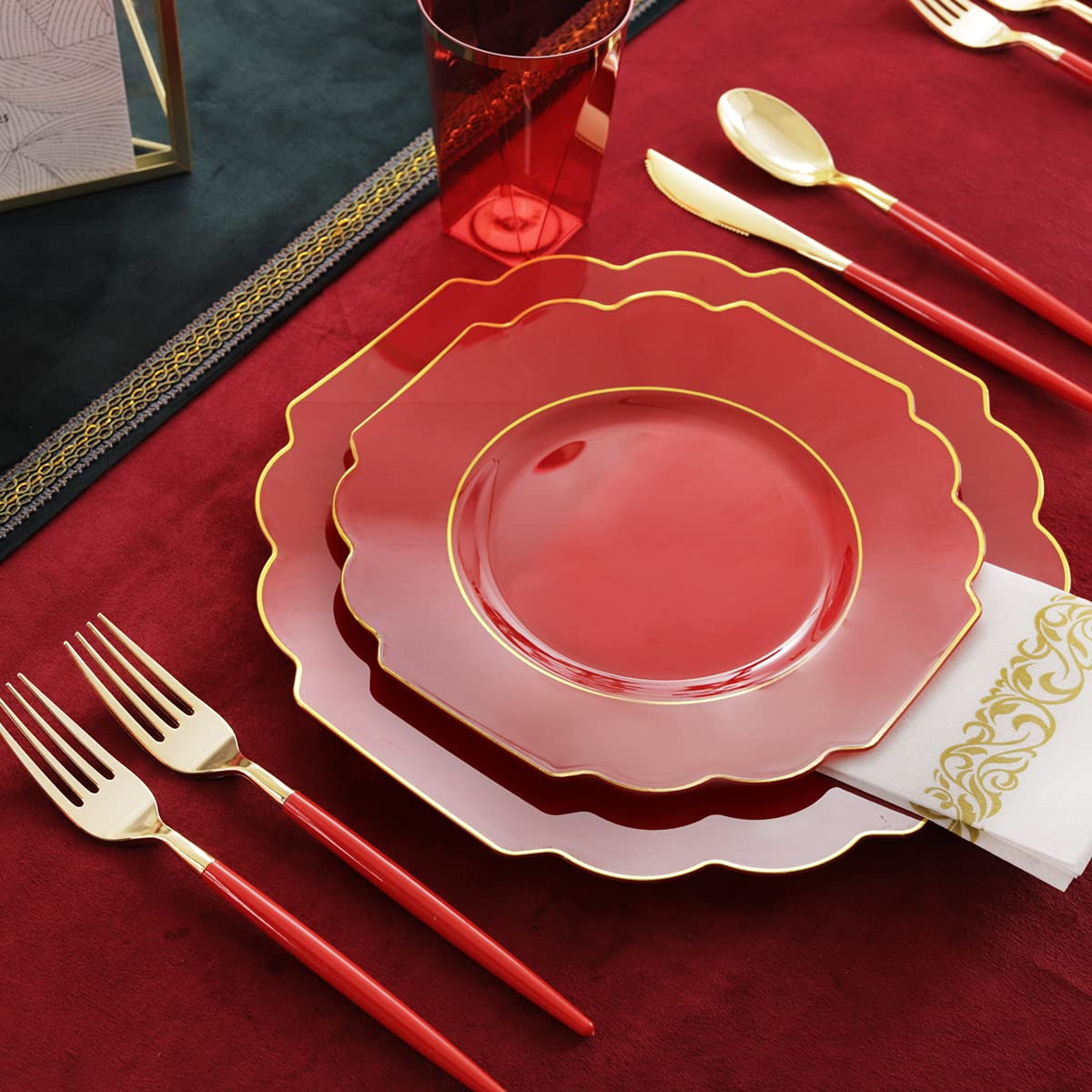140-Piece Red and Gold Disposable Party Tableware Set - 40 Plastic Plates, 20 Cups, 20 Forks, 20 Knives, 20 Spoons & 20 Napkins for Weddings, Birthdays, Baby Showers & Holiday Gatherings - Elegant Dinnerware for Special Occasions