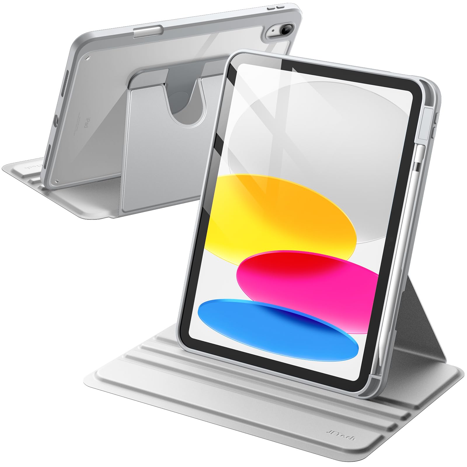 JETech 360° Rotating Protective Case for iPad 11th/10th Gen (2025/2022 Model A16) with Pencil Holder - Clear Back Cover, Auto Wake/Sleep Function - Perfect for Work, Study & Travel (Silver)