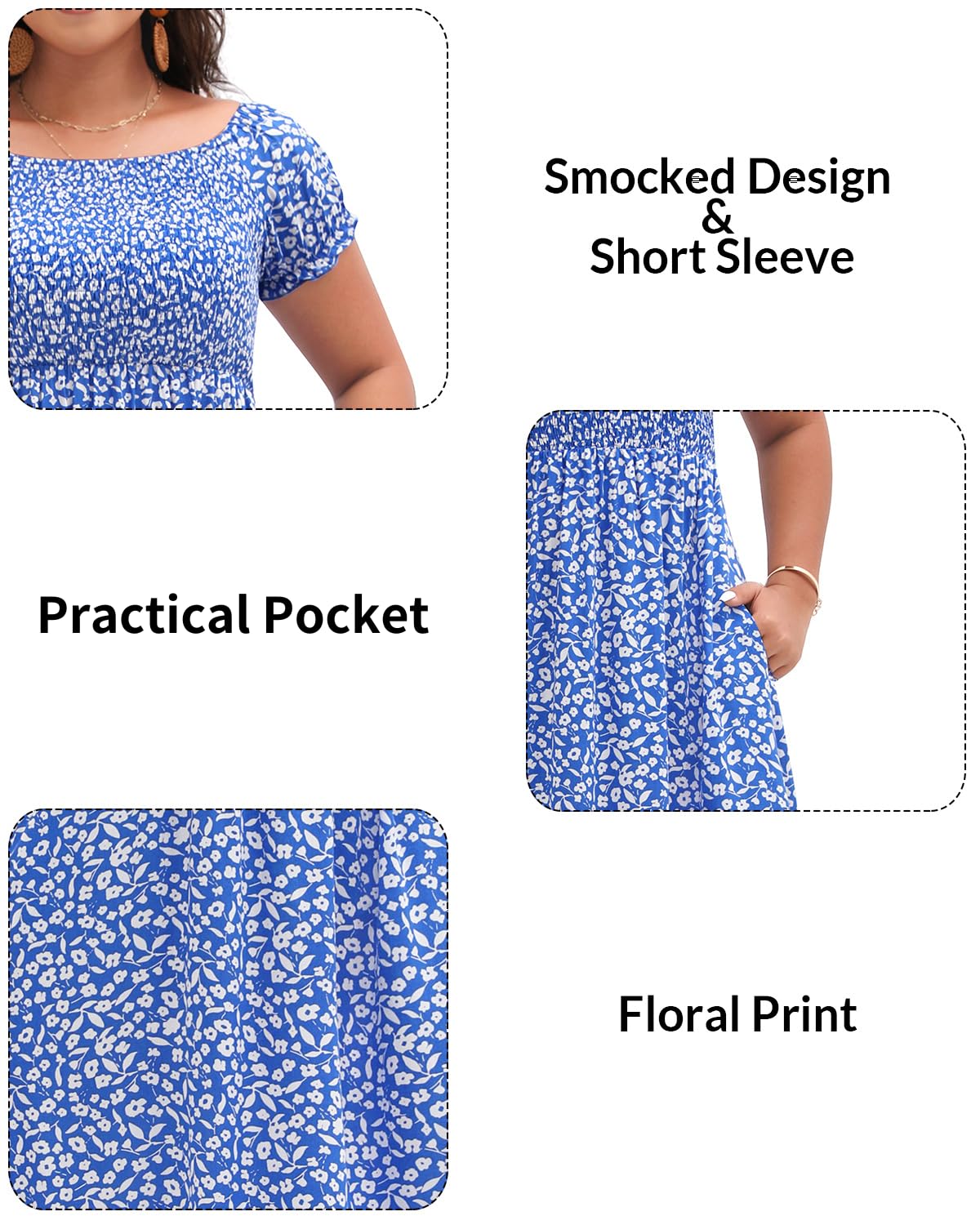 Plus Size Summer Dresses for Women - Floral Boho Maxi Dress with Pockets | Off Shoulder Casual Long Dress for Beach, Vacation & Outdoor Parties