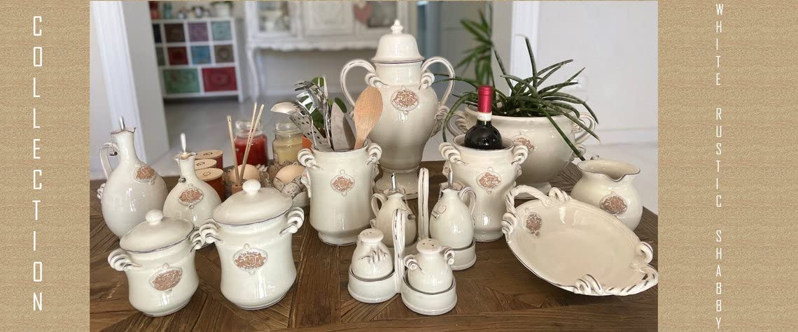 Italian Ceramic Utensil Holder - Hand Painted Wine Bottle Holder, Rustic Tuscan Art Pottery, White Shabby Chic Design, Made in Italy | Perfect for Kitchen Organization & Wine Storage Decor
