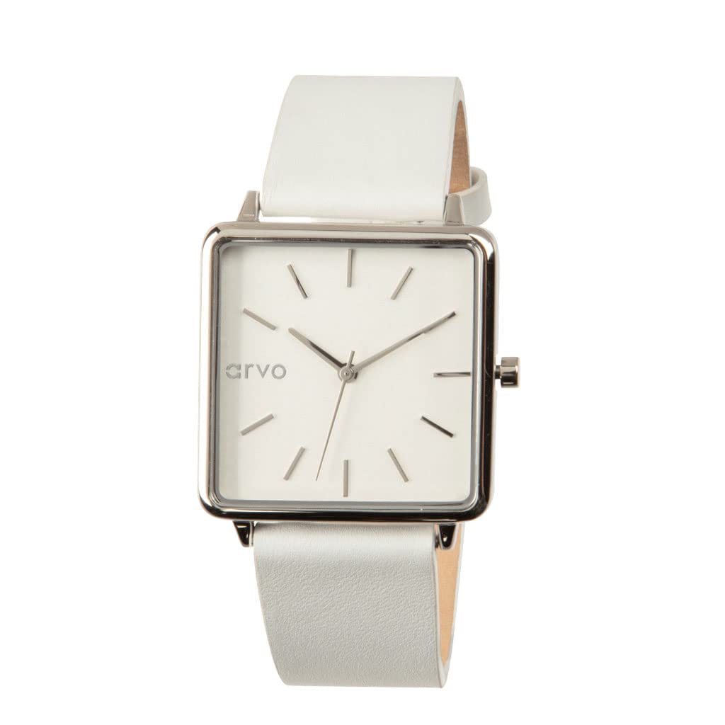 Arvo Time Squared Watch - Silver Stainless Steel Case with White Genuine Leather Band - Minimalist Dress Watch for Men & Women - Perfect for Business, Formal Events & Everyday Wear