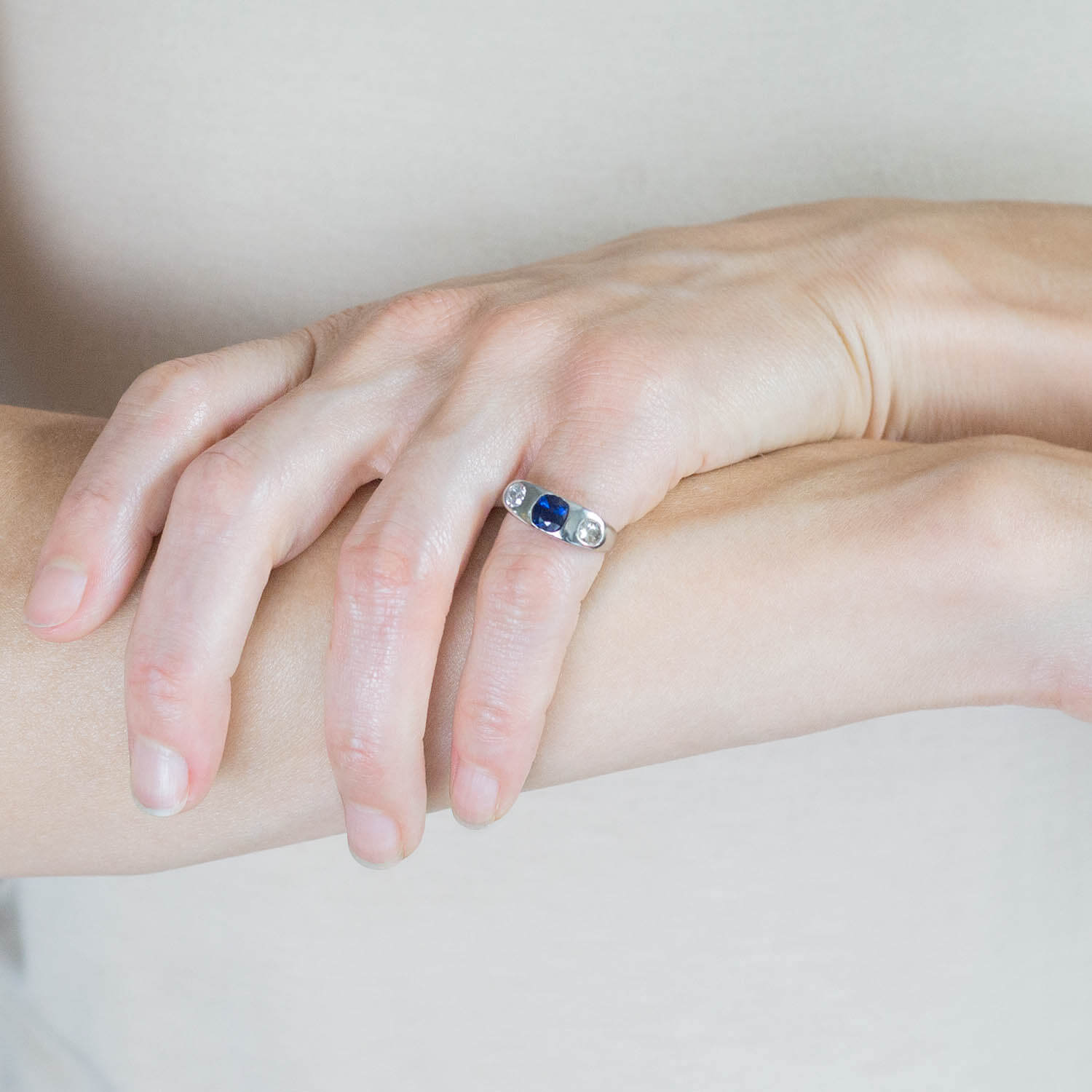 Edwardian Platinum 1 Carat Sapphire & Diamond Three Stone Ring - Vintage Engagement, Wedding, Anniversary Jewelry Gift