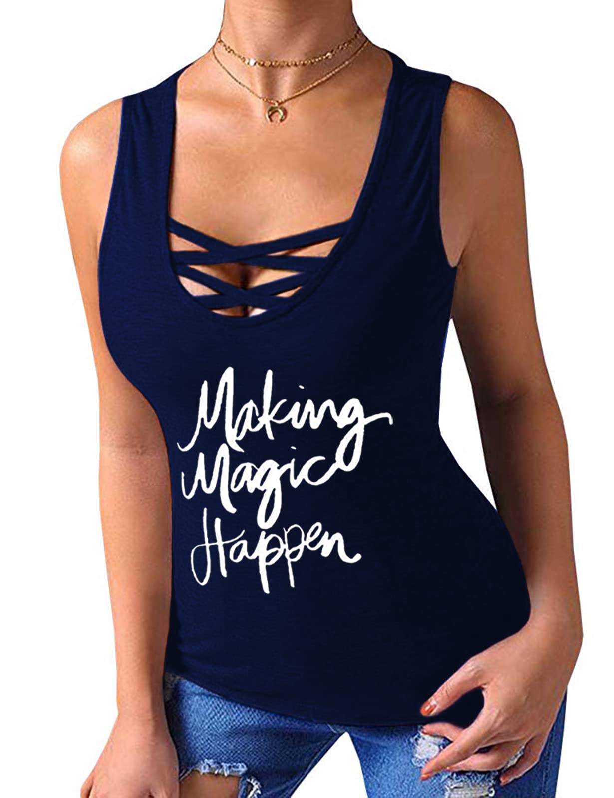 Sarin Mathews Women's Criss Cross Sleeveless Tank Tops - Summer Casual Basic Tee Shirts & Blouses for Workout, Beach, and Everyday Wear