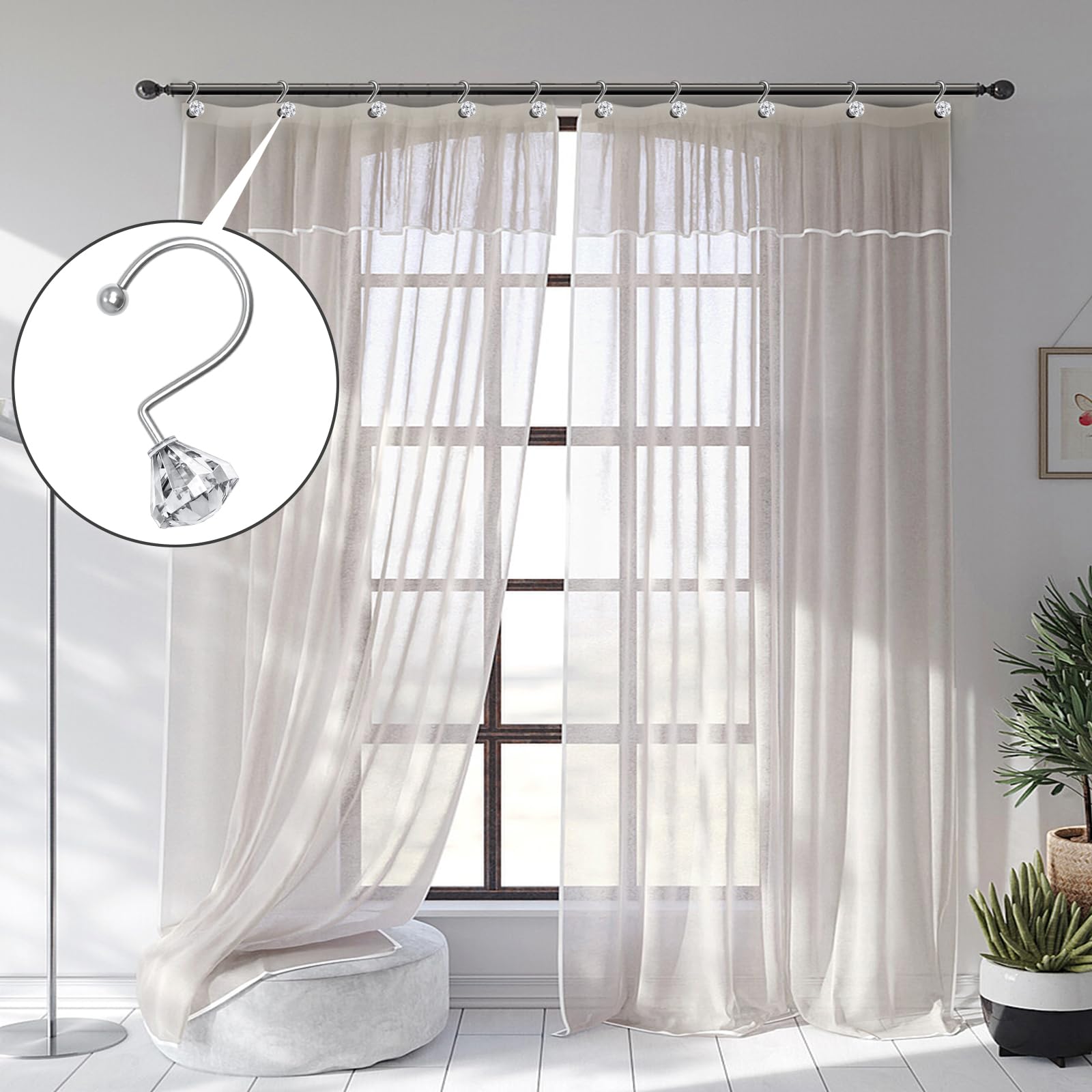 12PCS Crystal Shower Curtain Hooks - Diamond Shaped Bathroom Decor Hooks for Shower Curtains & Rods, Clear - Perfect for Modern Bathroom, Spa, Hotel & Home Decor