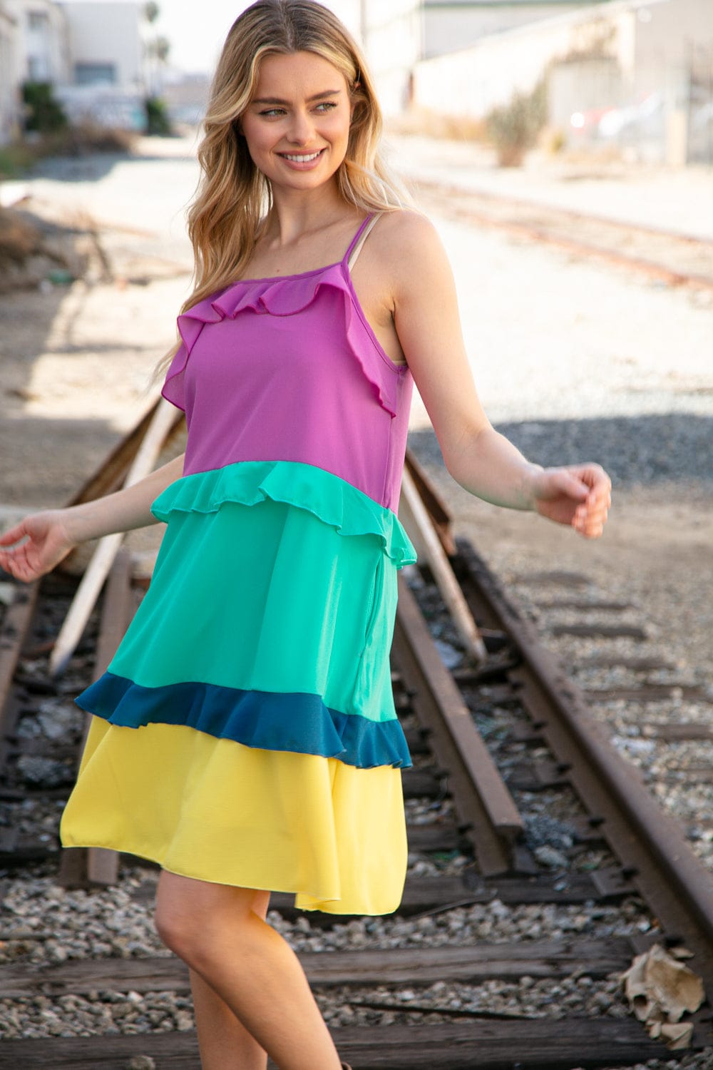 Fuchsia Shoulder Strap Color Block Tiered Ruffle Dress for Women - Elegant Summer Party Cocktail Dress for Weddings, Date Nights & Special Occasions
