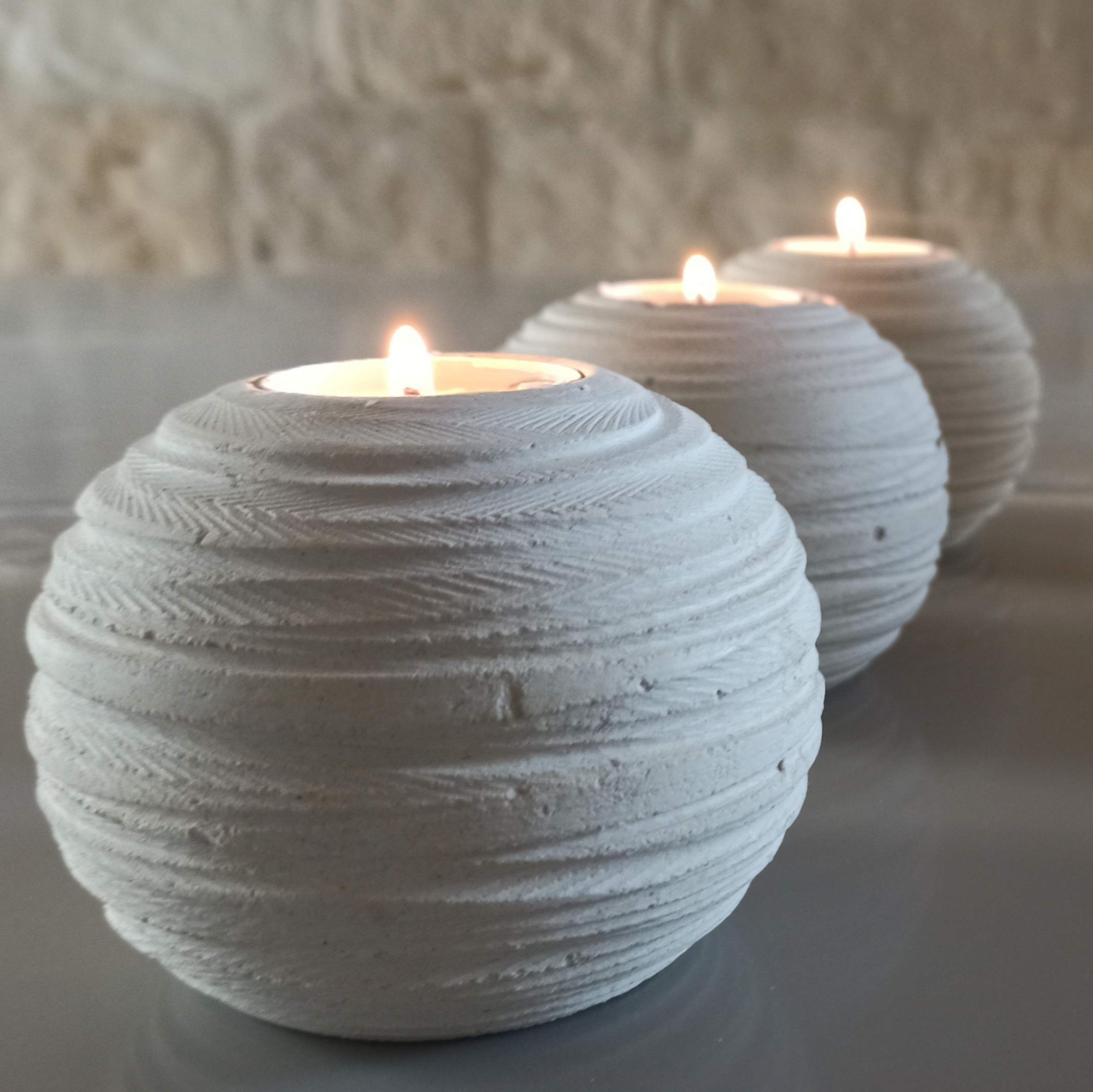 Handmade Italian Grooved Stone Sphere Candle Holders - Set of 3 with Gift Box, Candles & Message Card - Elegant Home Decor for Living Room, Dining Table, Wedding Centerpiece & Coffee Table Display