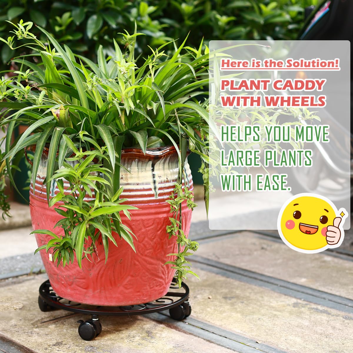 Heavy Duty 13.5 Inch Metal Plant Stand with Wheels - 5 Pack Plant Saucers Included - Black Rolling Plant Holder for Indoor Outdoor Garden Decor, Patio, Balcony & Home Decor