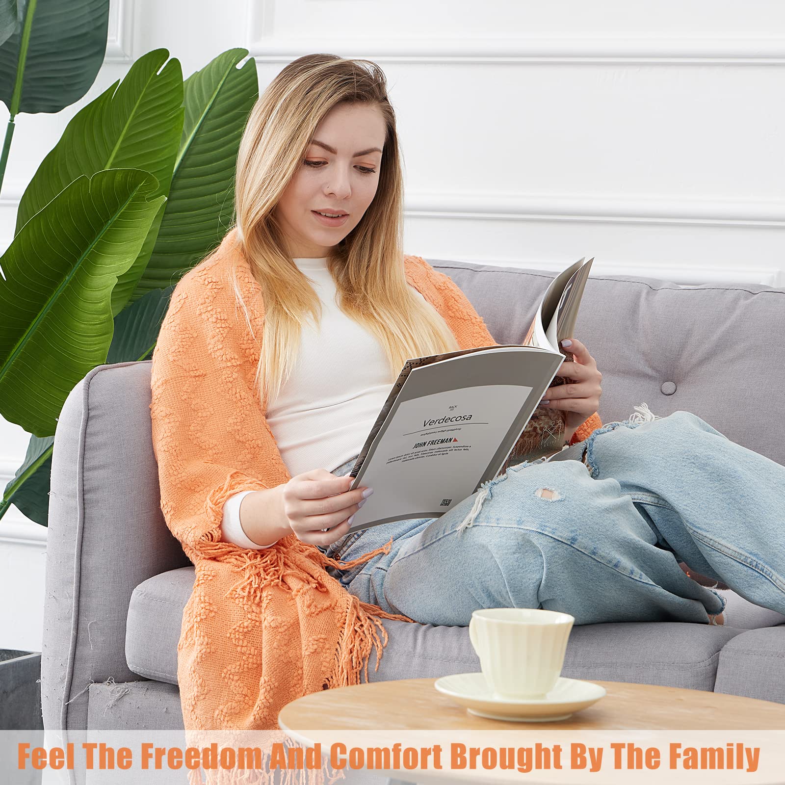 Quinnsus Knit Throw Blanket - Soft Lightweight Decorative Jacquard Textured Boho Blanket with Tassels for Bed, Sofa & Living Room - Perfect for Summer, Cozy Nights & Home Decor (Orange, 50x60 Inches)