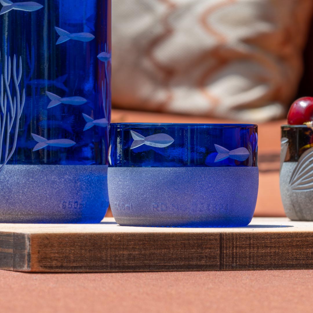 School of Fish Twice Around Blue 13oz Pitcher & 2” Mini Sipper Set - Glass Drinkware with Gift Box - Perfect for Home Decor, Party Serving & Unique Gifts
