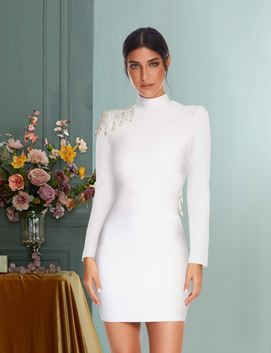 Meilun Women's Long Sleeve Bandage Bodycon Dress with Beaded Tassel - Winter Party Club Dress for Night Out, Holiday Events & Formal Occasions