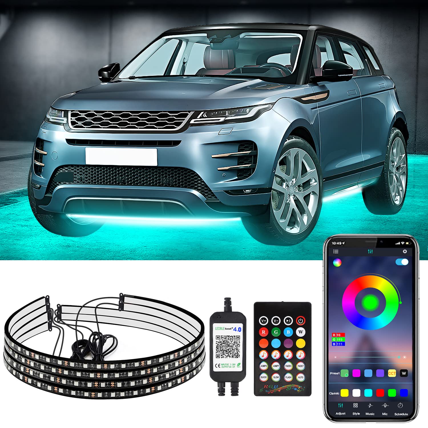 Soyond RGB Exterior Car Underglow Lights Kit - Dimmable 12V LED Light Strip with Remote, IP68 Waterproof, 4 Music Modes & 5050 DIY Colors for Trucks, SUVs, Cars - Perfect for Night Driving, Car Shows & Off-Road Adventures